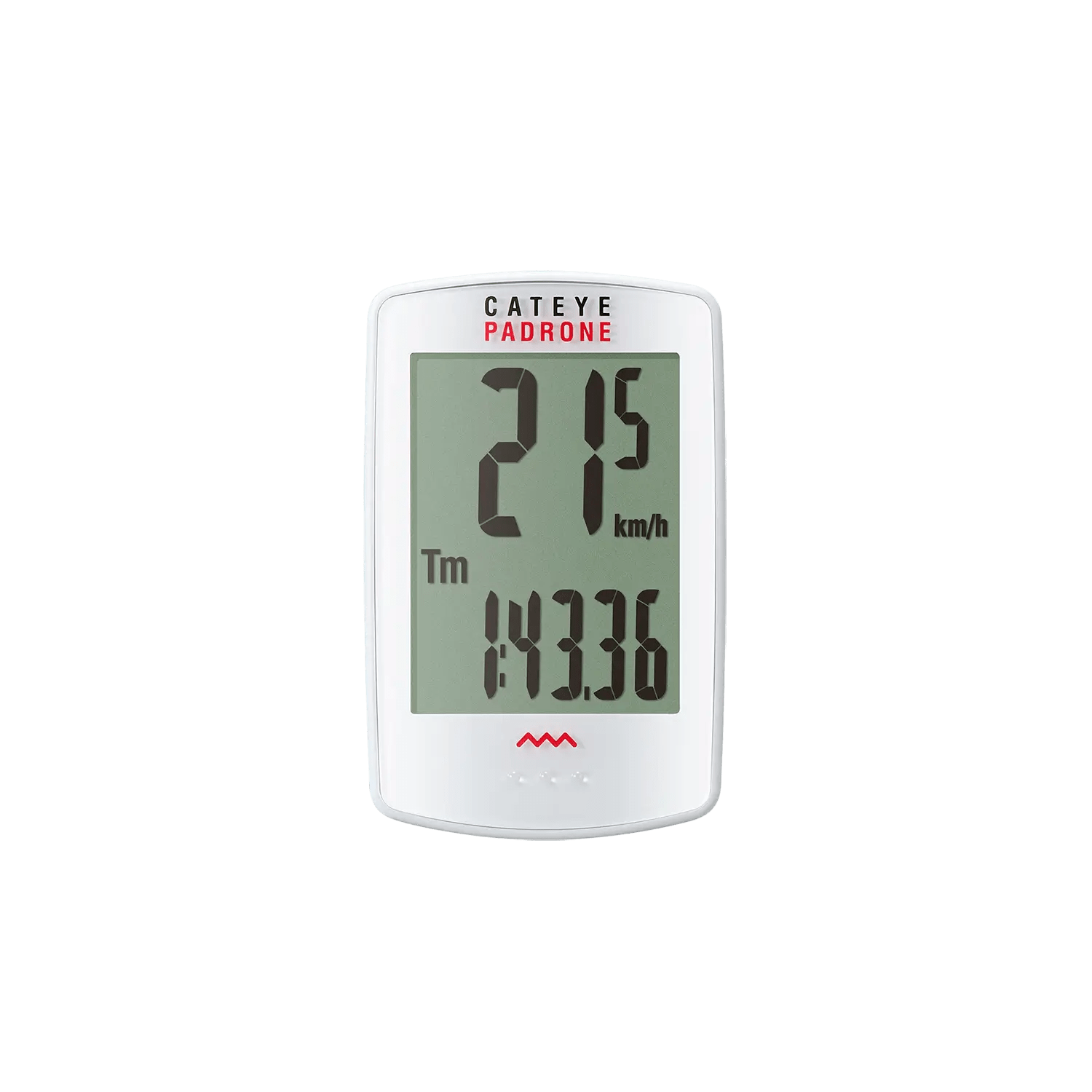 A white CATEYE Padrone (CPSC) bike computer displays a speed of 21.5 km/h and a timer of 1:43:36 on its large digital screen.