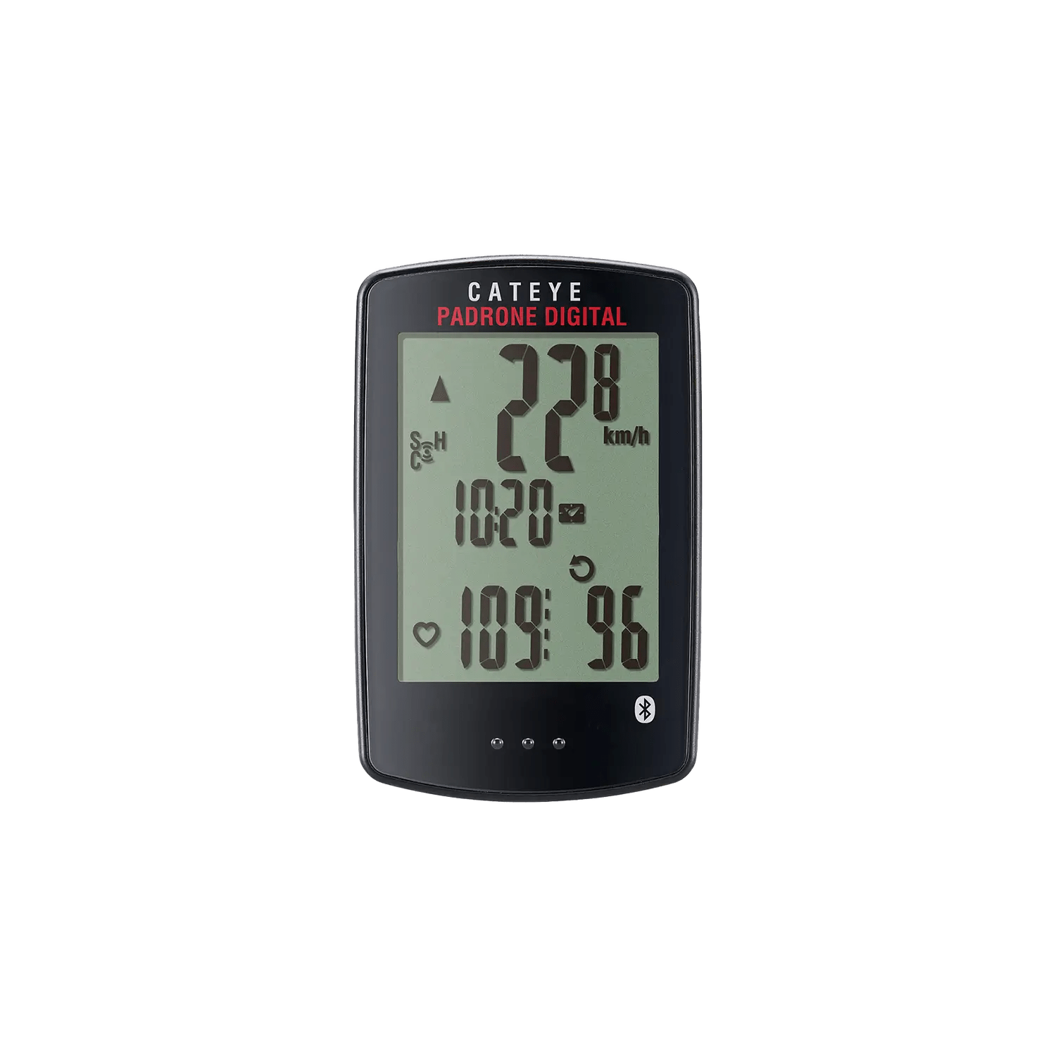 A black CATEYE Padrone Digital (CPSC) bike computer with wireless sensors displays speed, distance, time, and heart rate on its digital screen, shown against a transparent background.
