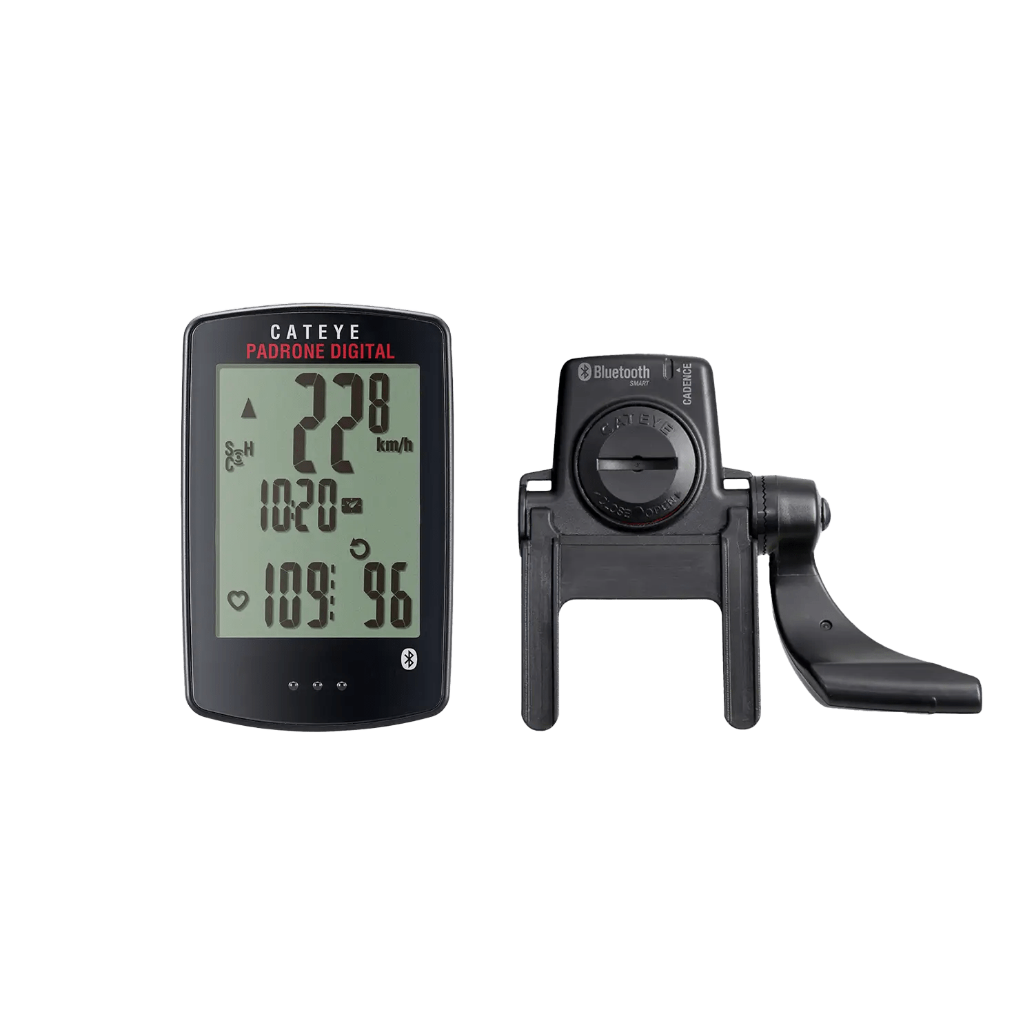 A CATEYE Padrone Digital (CPSC) bike computer with digital display showing speed, heart rate, and time is placed next to its black wireless sensor and mounting bracket on a transparent background.