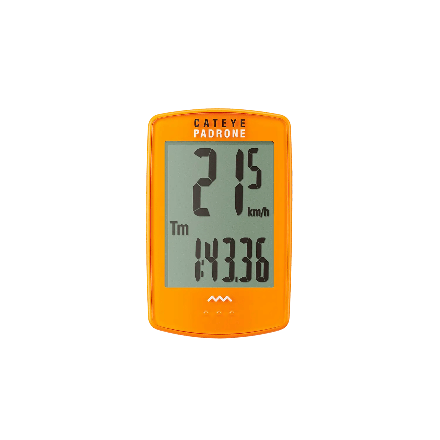 A yellow CATEYE Padrone bicycle computer with a large display shows 21.5 km/h speed and 1:43:36 time on its digital screen, isolated on a transparent background.