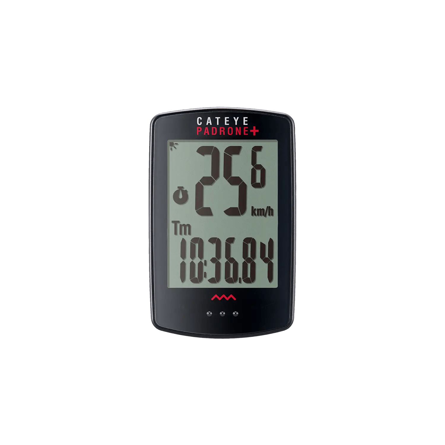 A CATEYE Padrone Plus (CPSC) bike computer in black displays 25.6 km/h speed and 1:03:6.84 time on a large screen with adjustable backlight, shown against a transparent background.