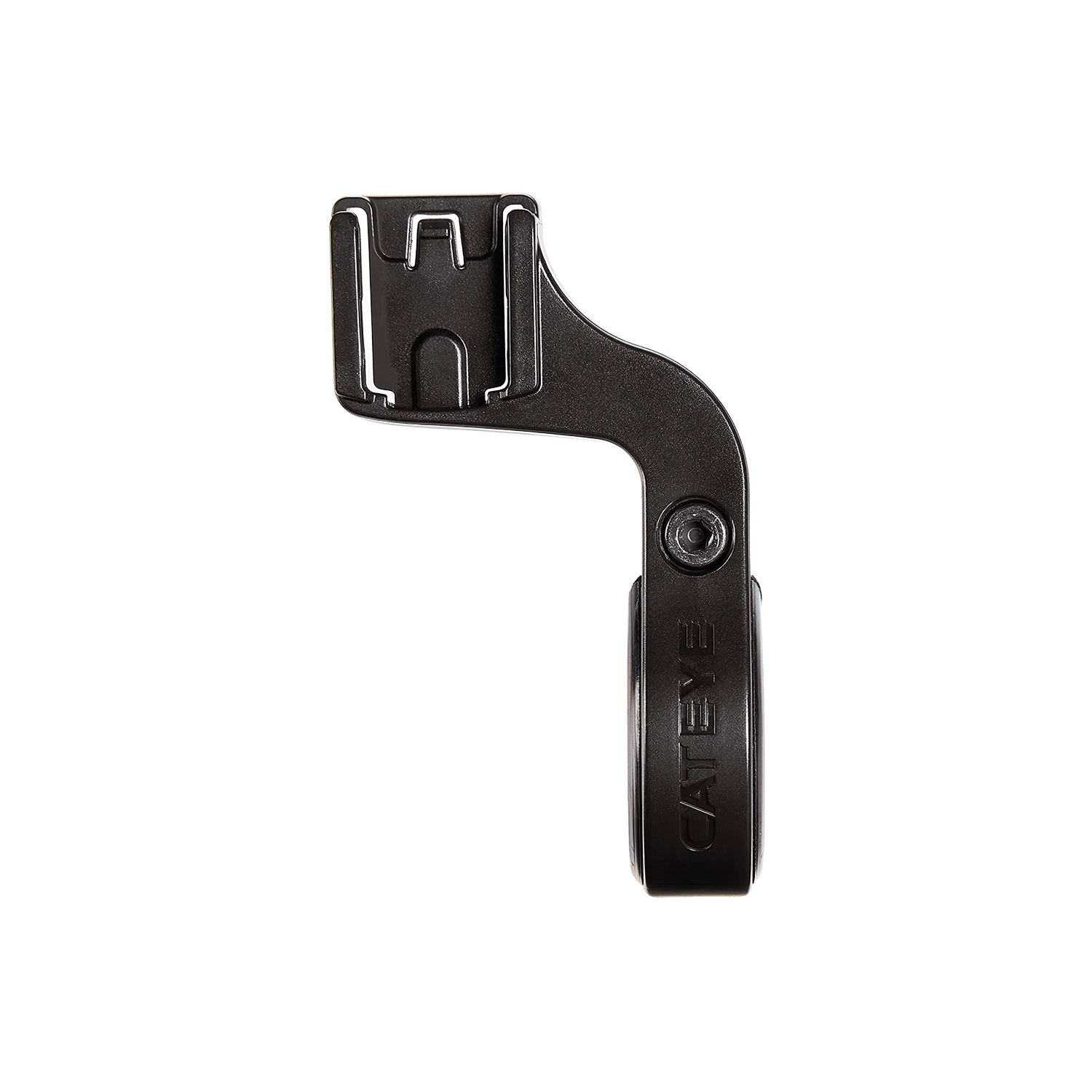 A black, L-shaped plastic CATEYE accessory mount with a top bracket and branding on the lower arm, designed for the Padrone Stealth (CPSC), shown on a transparent background.