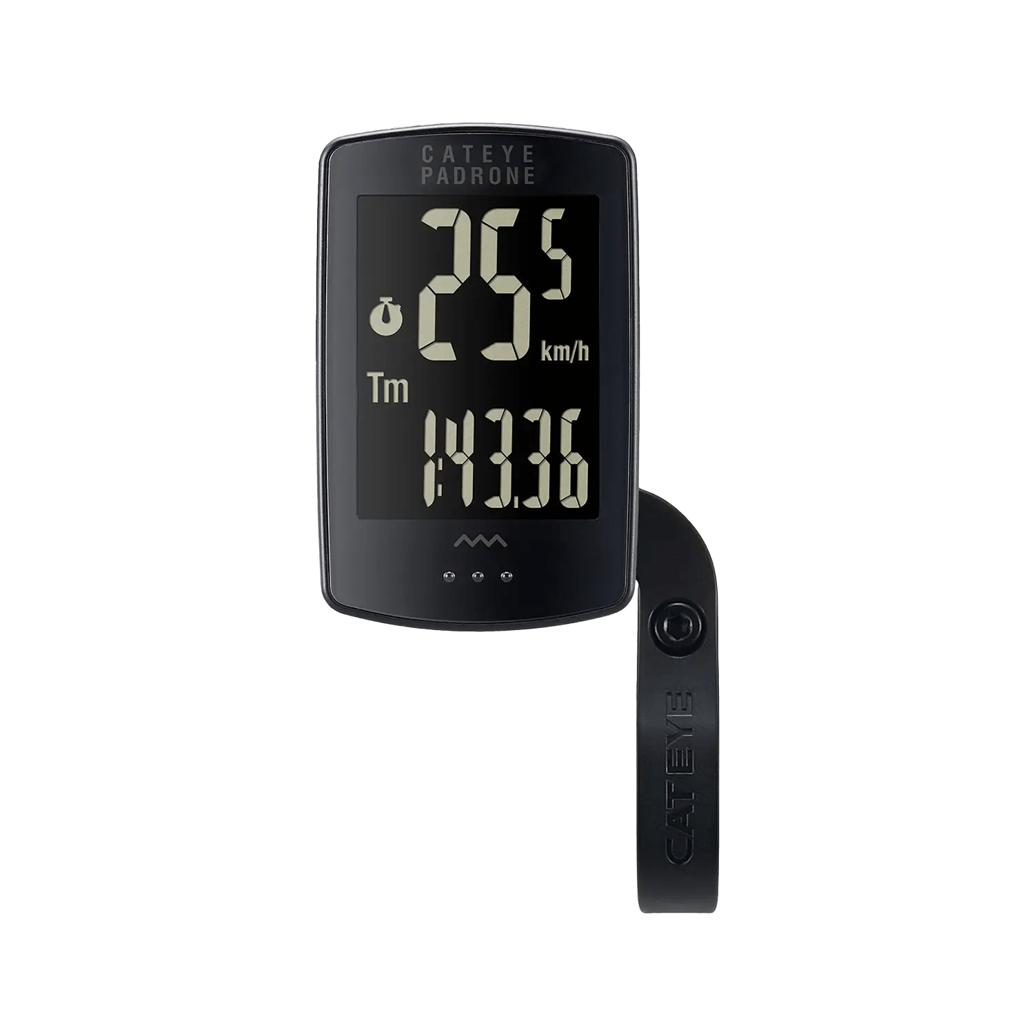 A black CATEYE Padrone Stealth (CPSC) bike computer with inverted LCD shows speed in km/h and time, mounted on a black OF-100 Out-front bracket featuring the CATEYE logo.