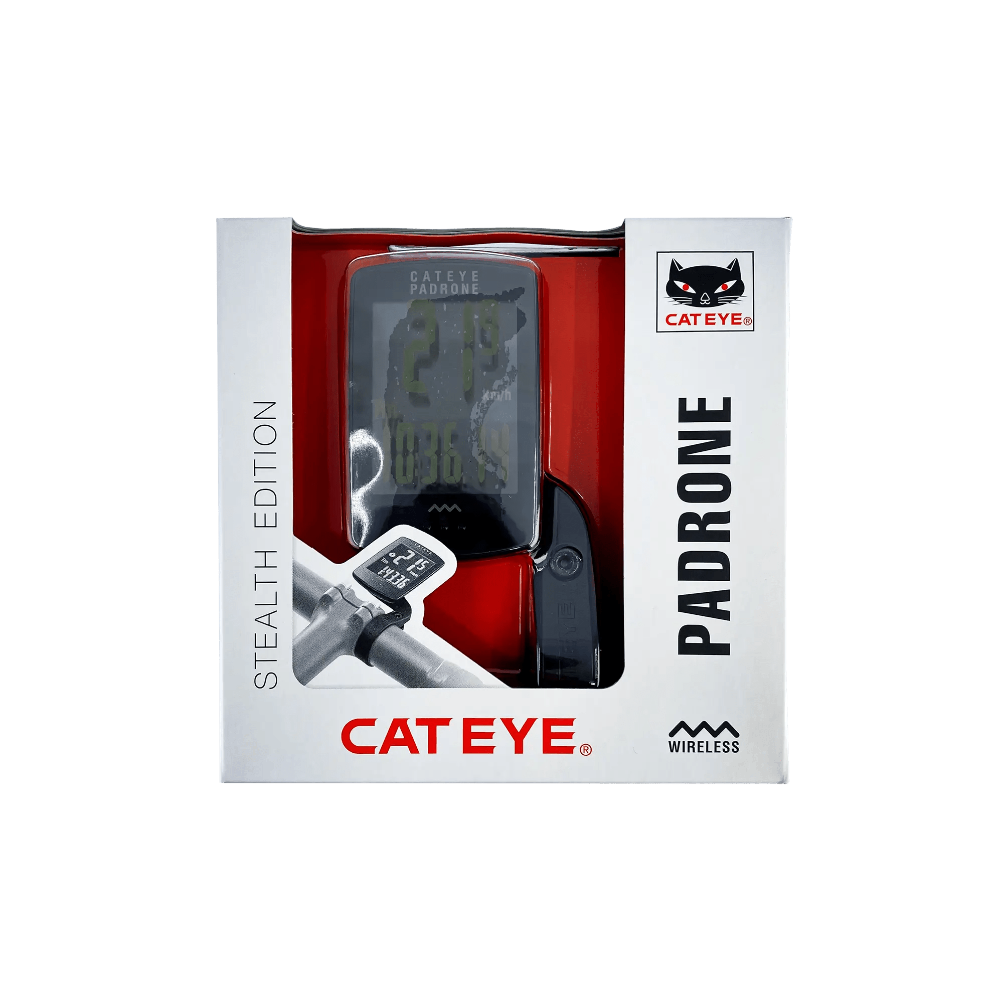 A boxed CATEYE Padrone Stealth (CPSC) wireless bike computer with an inverted LCD screen is shown against a green background. The white box, with red and black accents, displays the device and logo through a clear window.