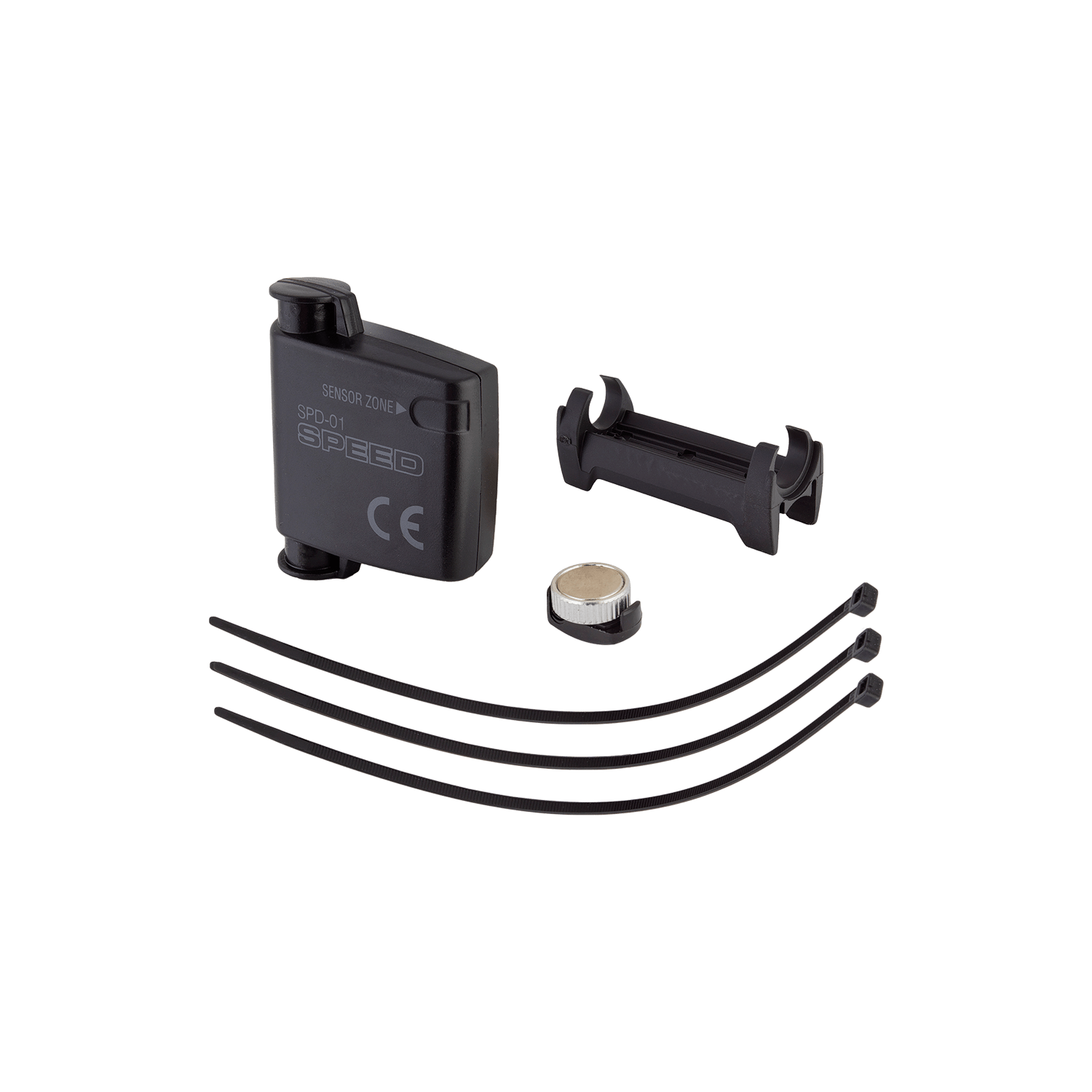 A CATEYE Universal Analog Sensor & Parts (CPSC) set—featuring a black analog wireless sensor, mounting bracket, round battery, and three black zip ties—arranged on a white background to enhance your cycling experience.
