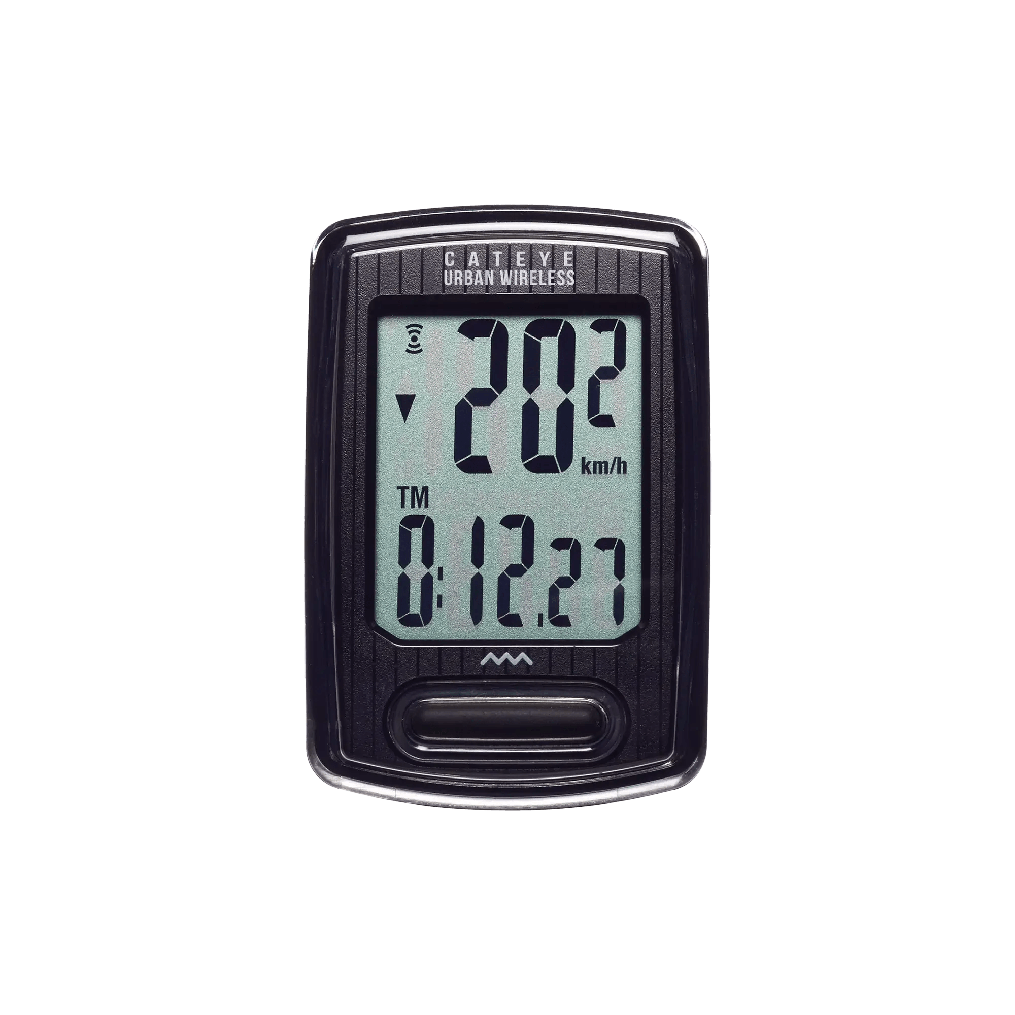 A black CATEYE Urban Wireless (CPSC) bike computer shows 20.2 km/h speed and a timer of 1h 12m 27s on its digital screen, with a programmable odometer.