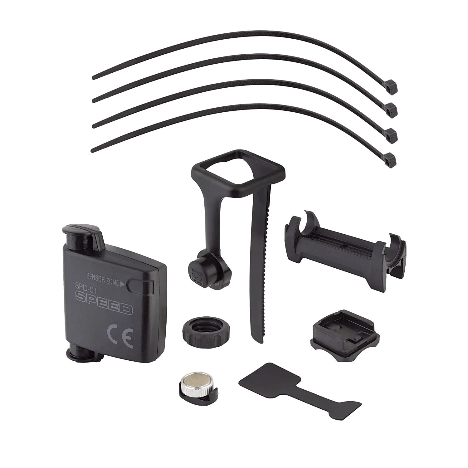 CATEYE Urban Wireless (CPSC) kit with a black sensor, FlexTight™ universal bracket, four zip ties, round battery, and accessories—ideal for wireless bike computers—arranged on a white background.