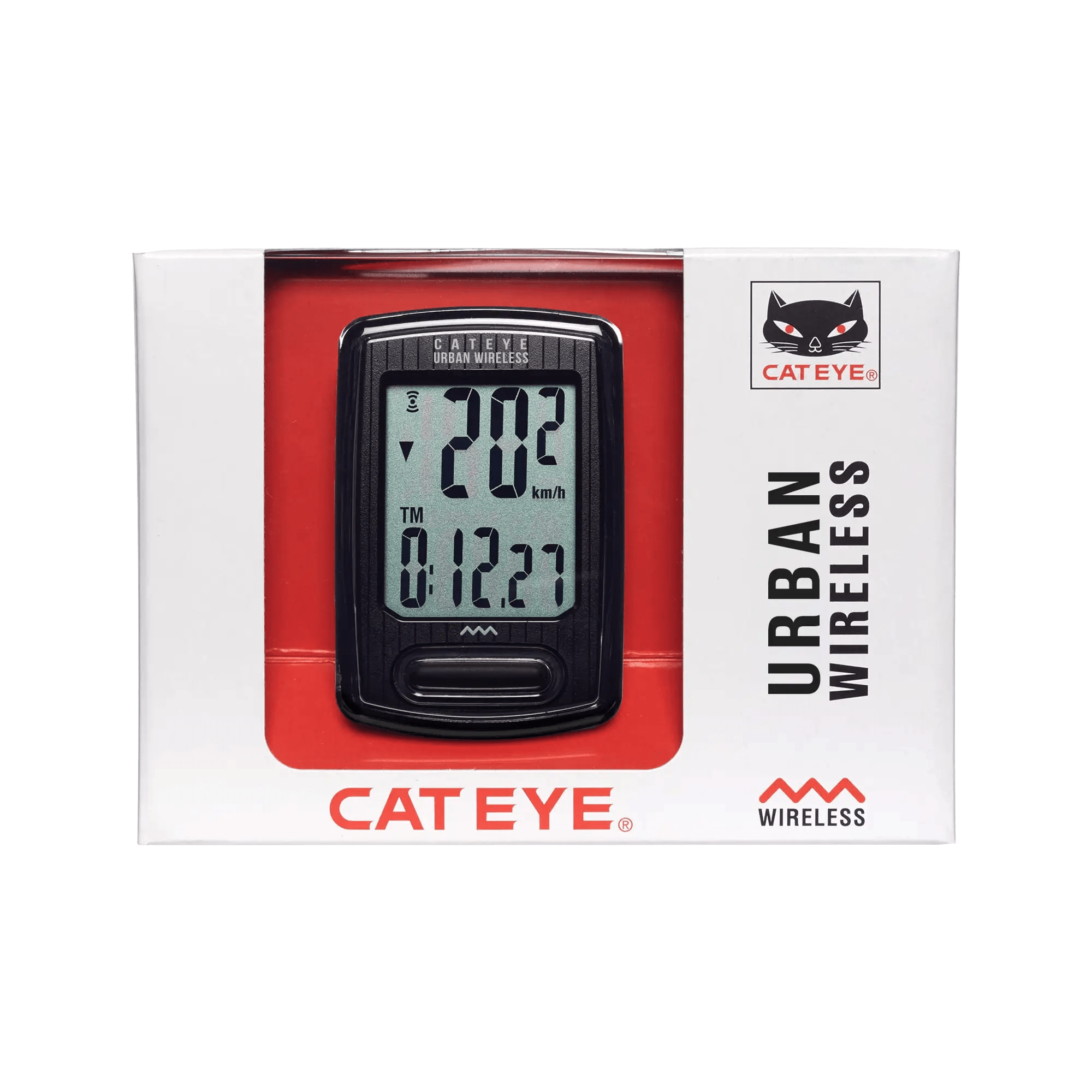 A CATEYE Urban Wireless (CPSC) bike computer in black, shown in white and red packaging with the cat face logo and URBAN WIRELESS text. Features a programmable odometer, FlexTight™ bracket, plus screen displays speed and cycling data.