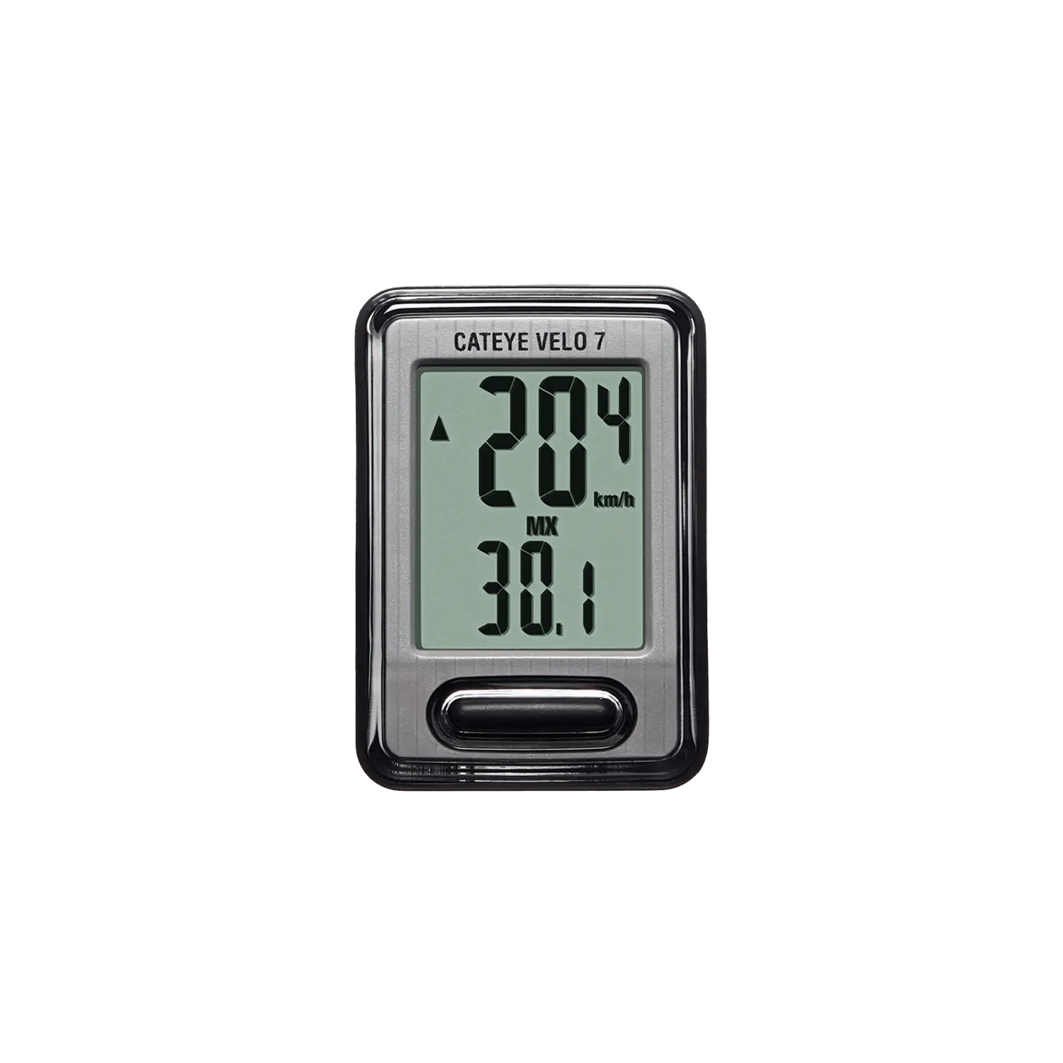 The CATEYE Velo 7 (CPSC) is an entry-level bike computer with a black and gray design, showing current speed at 20.4 km/h and max speed at 30.1 km/h for accurate ride tracking.