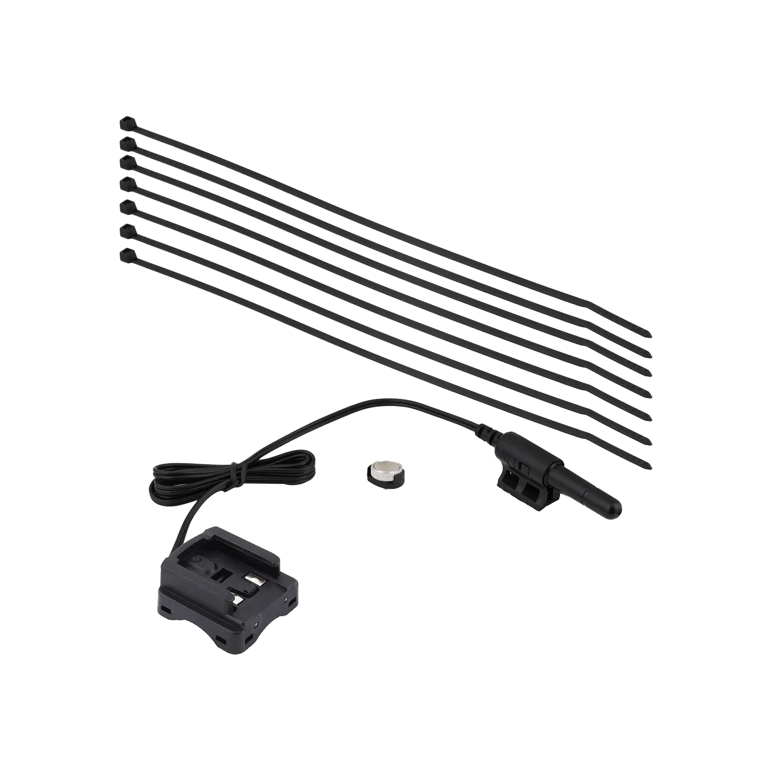 CATEYE Velo 9 essentials—black cable ties, battery, black sensor with cable, and black mounting bracket—are laid out on a white background for easy installation by beginner cyclists.