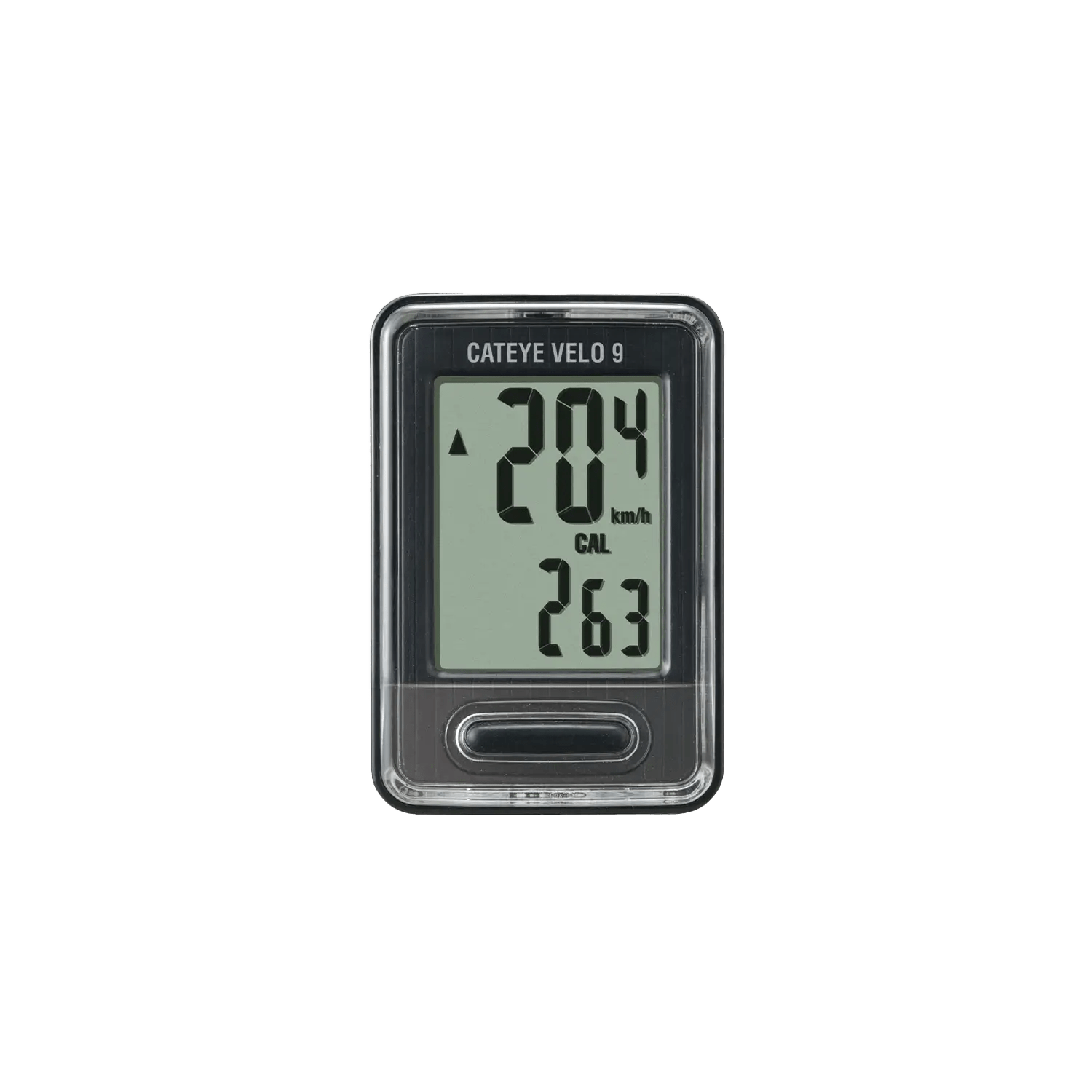 The CATEYE Velo 9 is an entry-level bike computer for beginners, featuring a black rectangular screen showing 20.4 km/h speed and 263 calories burned, with the CATEYE VELO 9 label at the top.