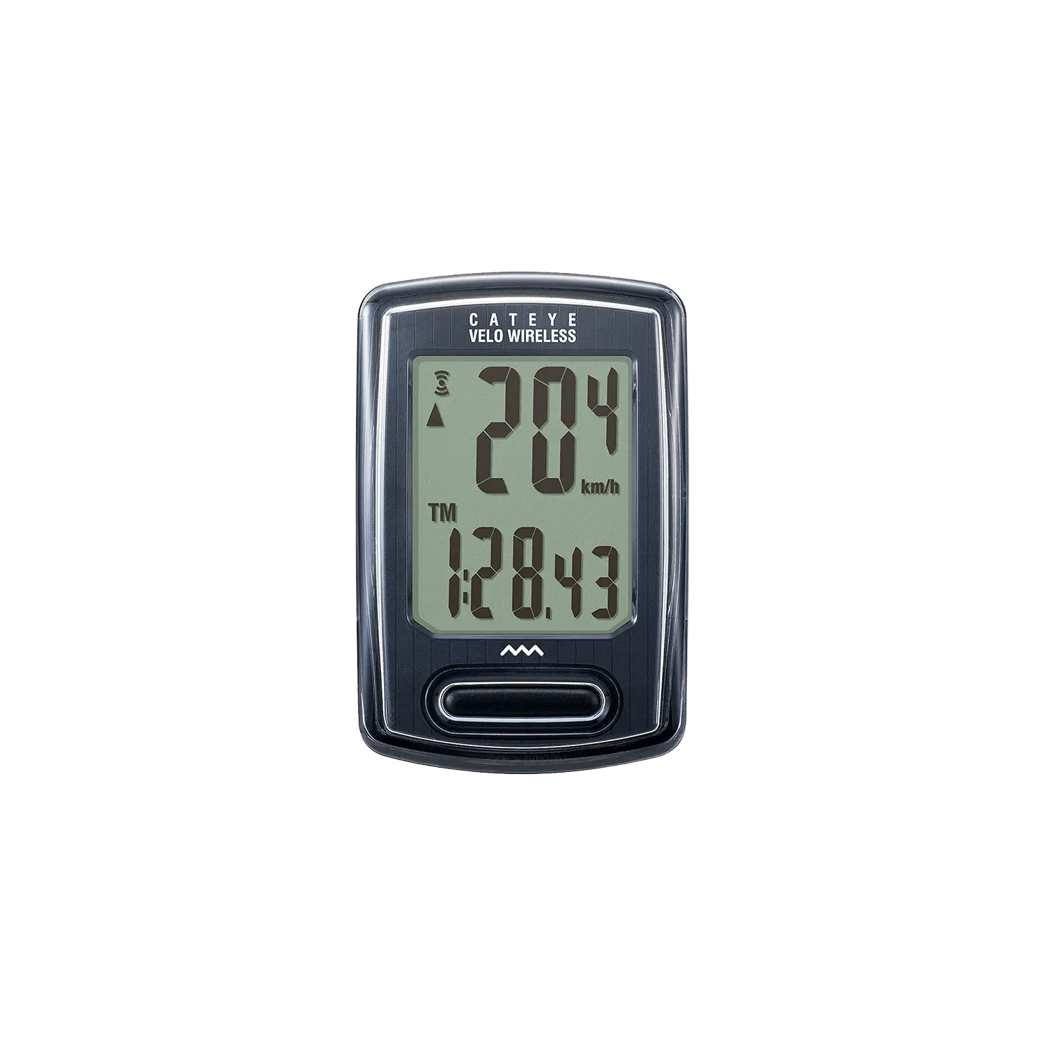 A CATEYE Velo Wireless bike computer shows a speed of 20.4 km/h and a time of 1:28:43 on its wireless digital display.
