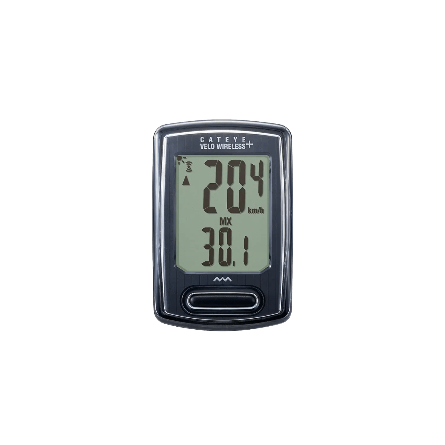 The CATEYE Velo Wireless+ (CPSC) bike computer shows a programmable odometer, displaying a current speed of 20.4 km/h and a maximum speed of 38.1 km/h on its digital screen.