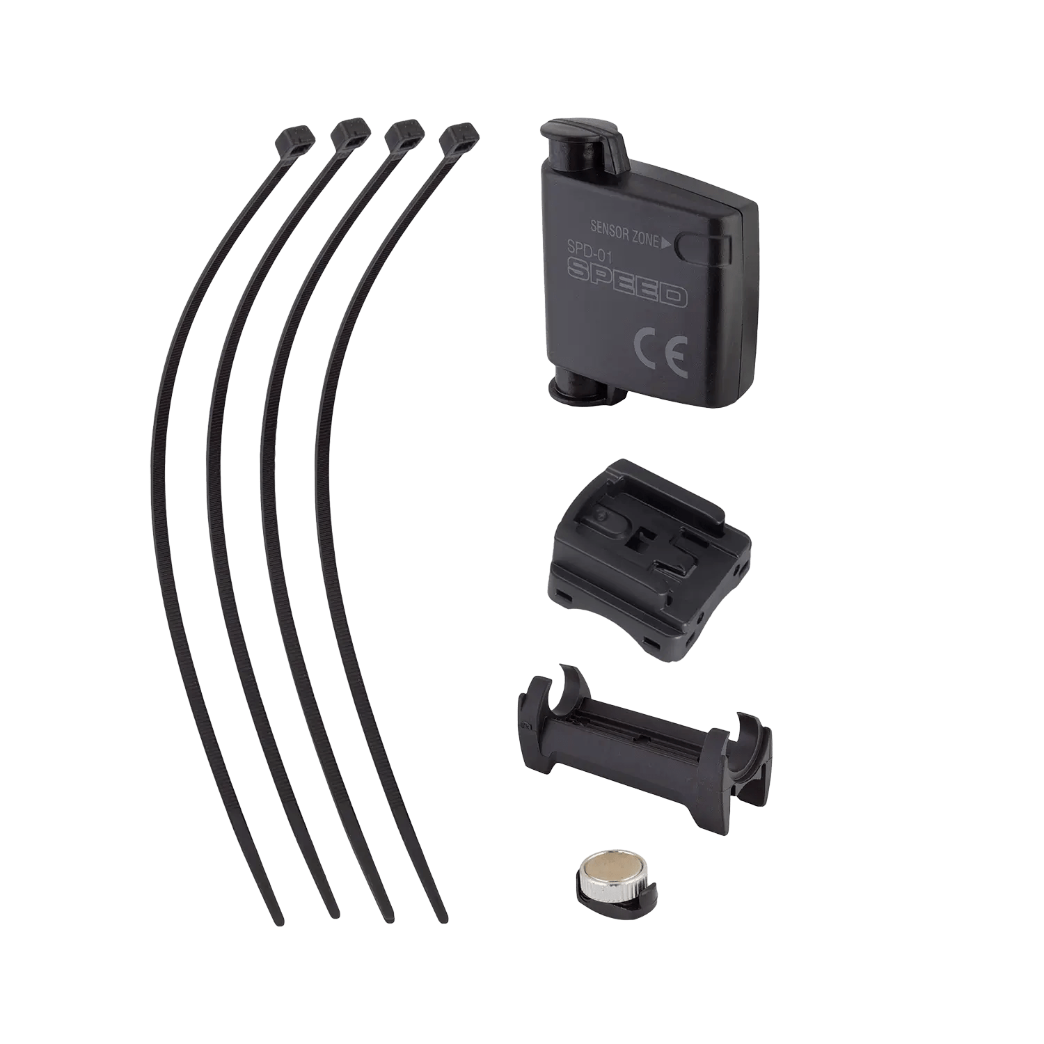 The CATEYE Velo Wireless+ kit features a programmable odometer, sensor unit, four black zip ties, two plastic mounting brackets, and a round battery, all displayed neatly on a plain background.