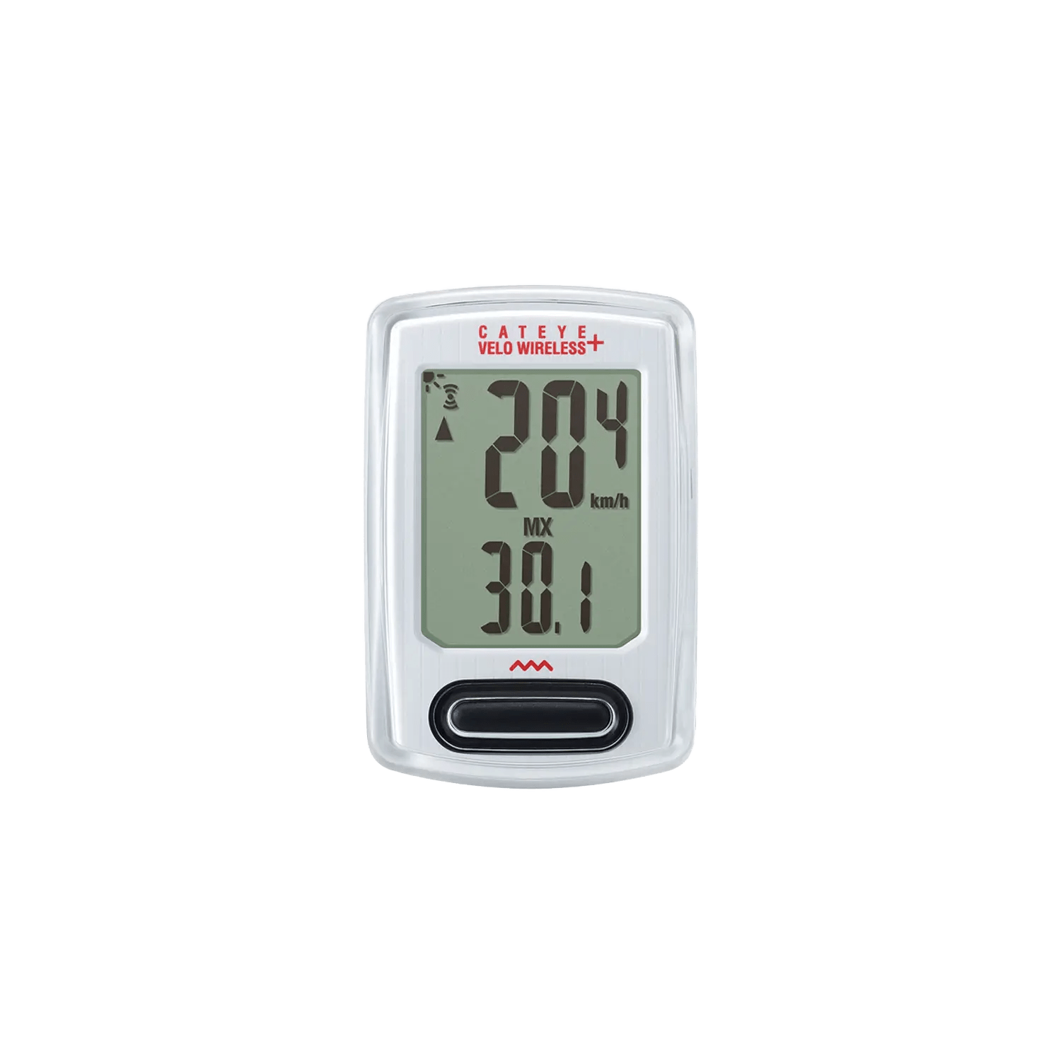 A CATEYE Velo Wireless+ bike computer with wireless connection shows a current speed of 20.4 km/h and a max speed of 38.1 km/h on its digital screen.