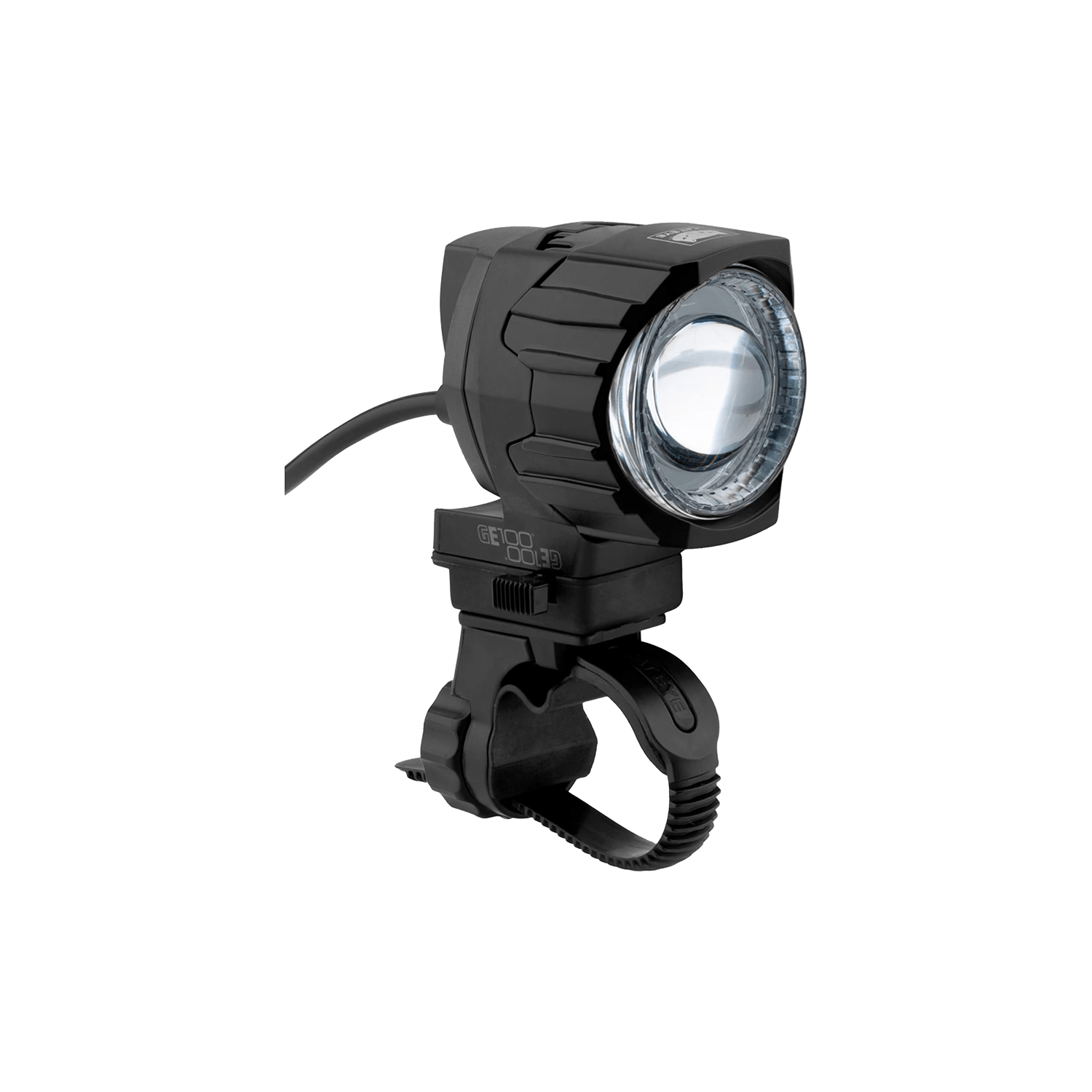 The CATEYE GE100 Connect E-Bike Headlight is a black, mountable light with lens and adjustable clamp for handlebars, 100 Lux brightness, StVZO certified, rear power cable, and transparent background.