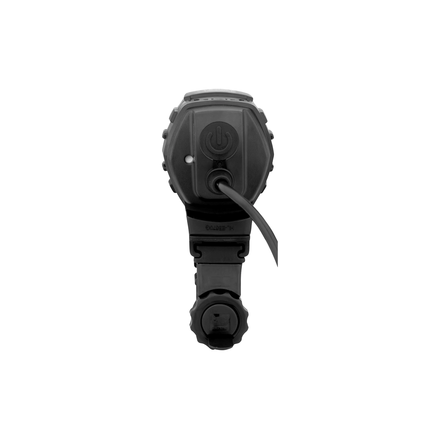 The CATEYE GE100 Connect E-Bike Headlight, shown from the front on a transparent background, features a black rugged industrial design with a power button, connected cable, circular bottom connector, and is StVZO certified.