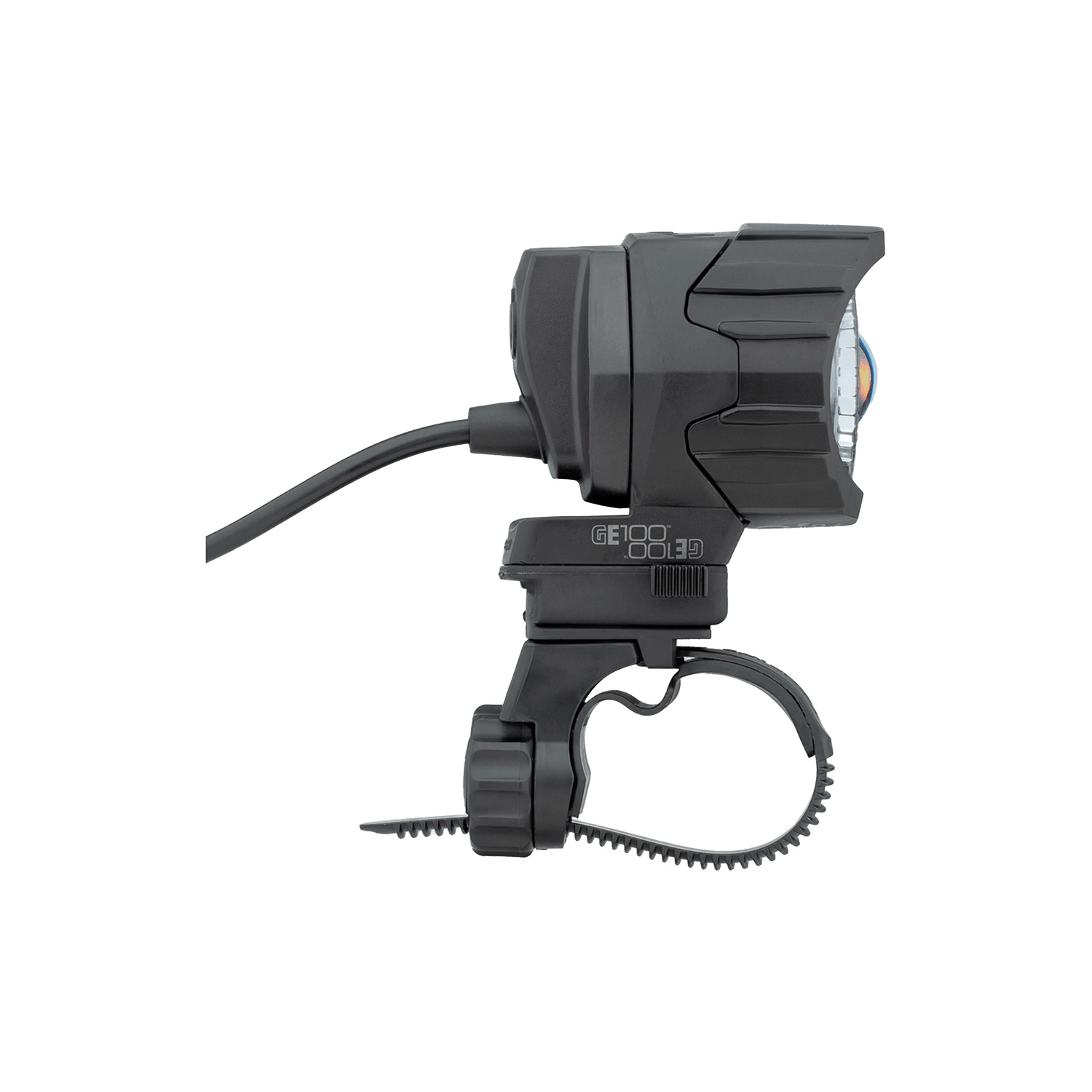 Side view of the CATEYE GE100 Connect E-Bike Headlight, StVZO certified, 100 Lux brightness, includes a mounting bracket and attached cable for secure handlebar installation.