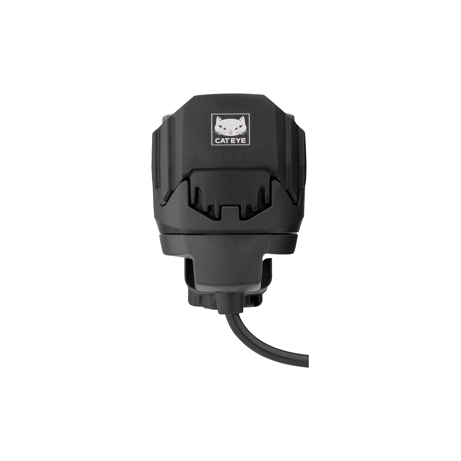 The CATEYE GE100 Connect E-Bike Headlight in black features a cat’s face logo, is StVZO certified, offers powerful 100 Lux illumination, and is shown front-facing with a downward-extending cable.