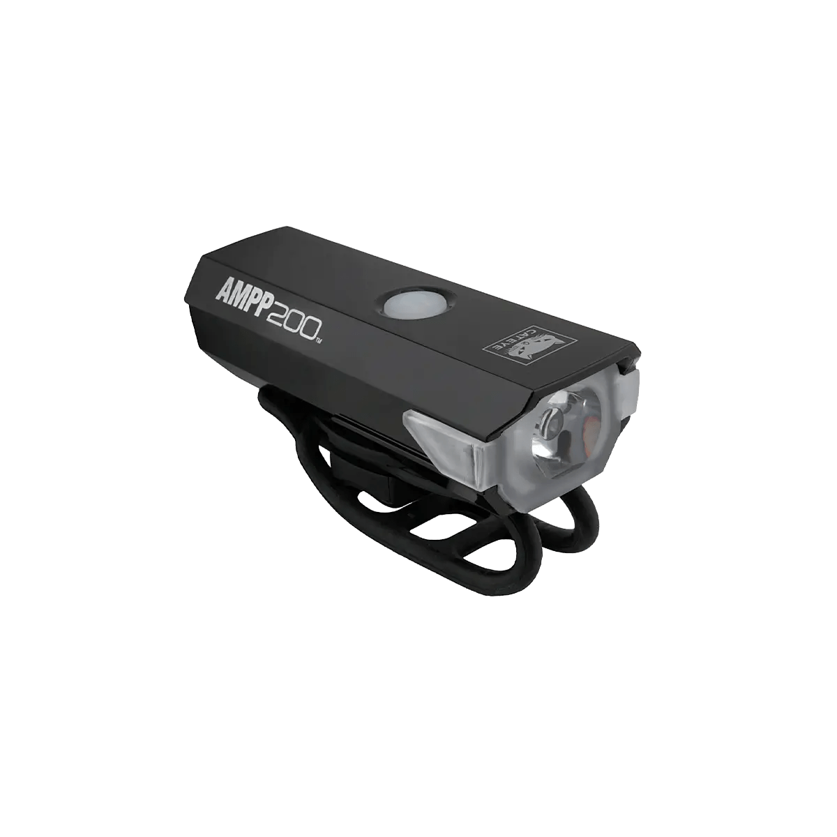 A black CATEYE AMPP200 (USB-C) bicycle front light with a clear lens and rubber strap is shown on a white background. This headlight provides 200 lumens, USB-C recharging, and features mode memory for convenience.