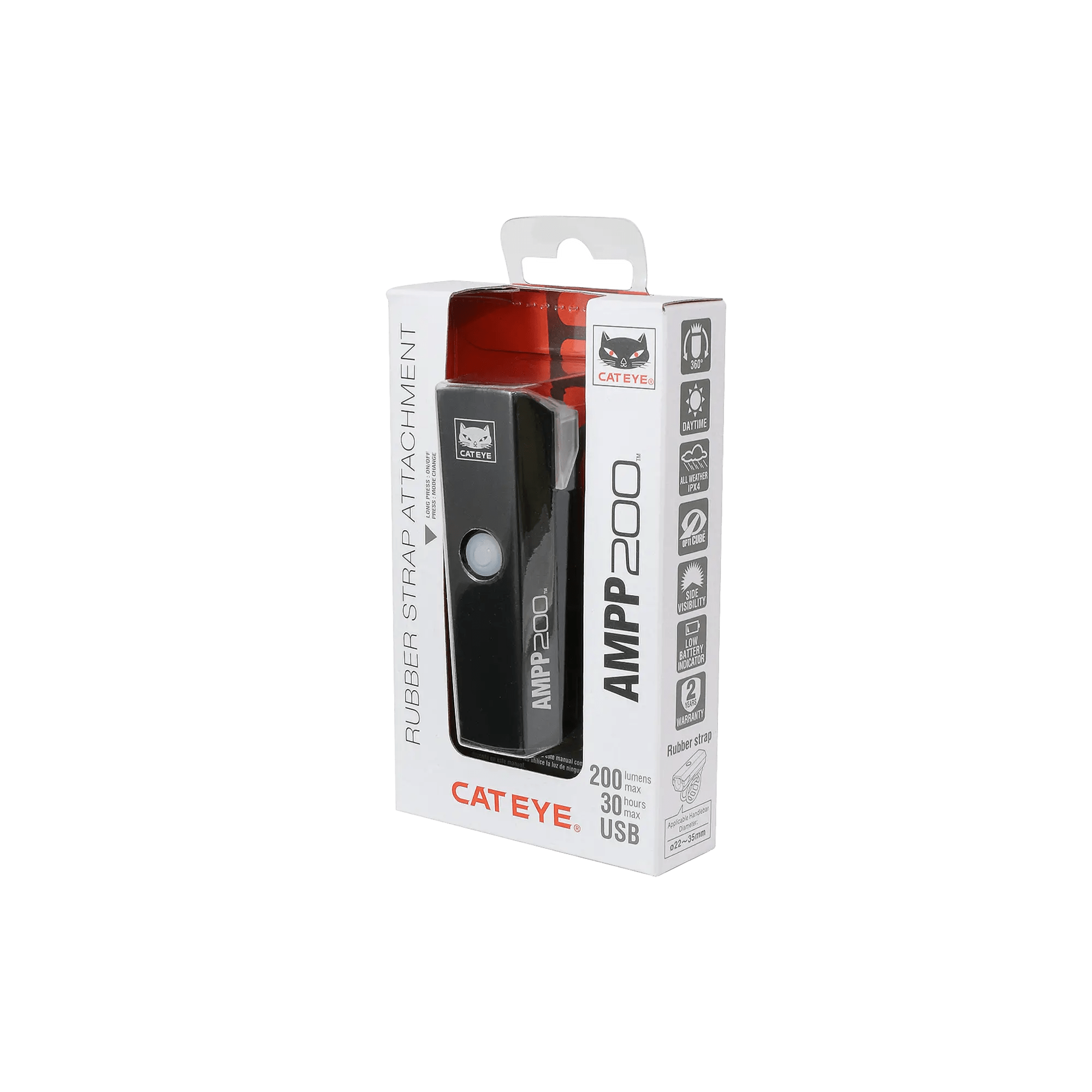 The CATEYE AMPP200 (USB-C) headlight in black, shown in retail packaging with a clear window, boasts 200 lumens, up to 30-hour runtime, mode memory function, and includes a rubber strap for easy attachment.