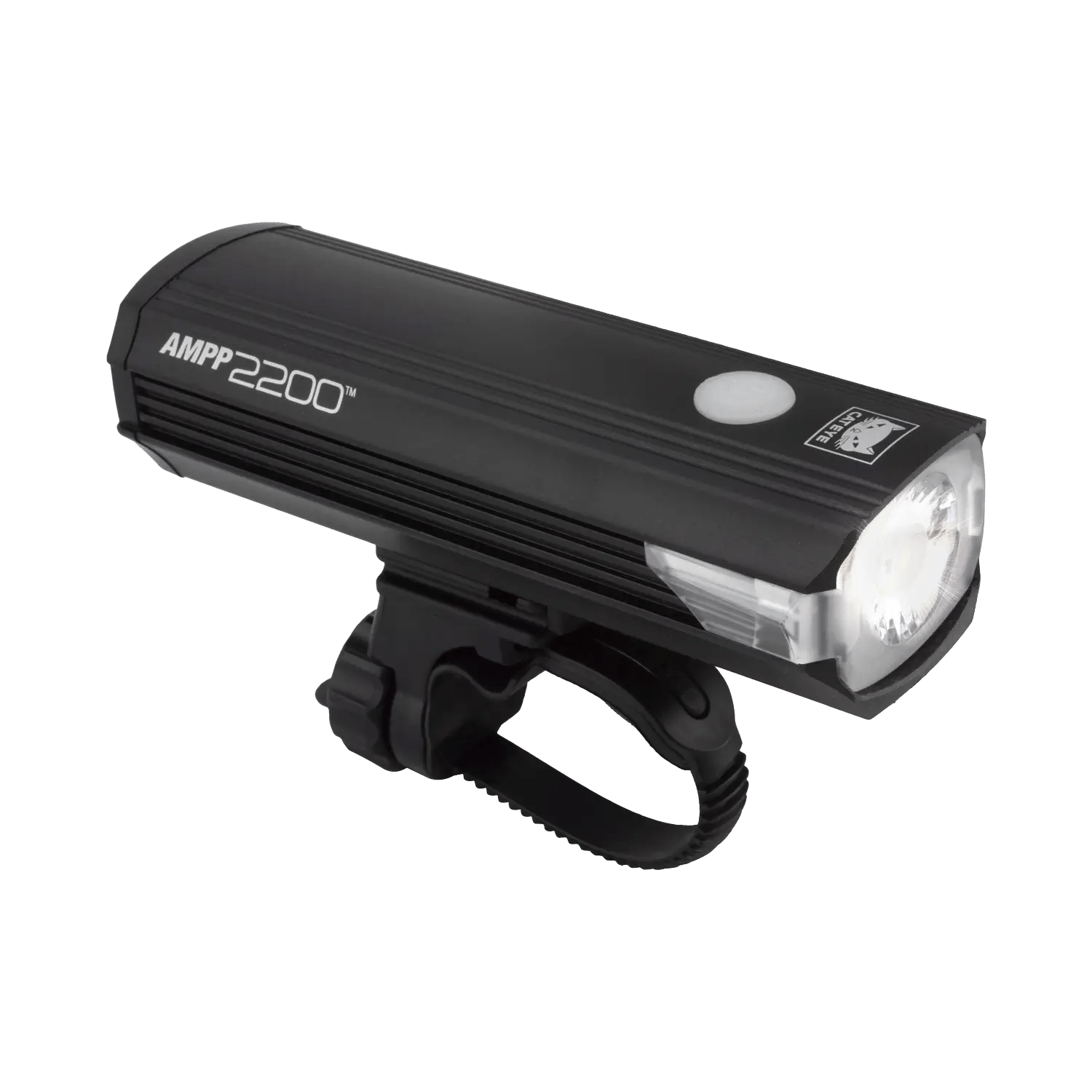 A CATEYE AMPP2200 black bike headlight with a mounting bracket is shown on a plain background. It features a white power button, clear front lens, ultra-bright 2200 lumens output, and USB-C charging.