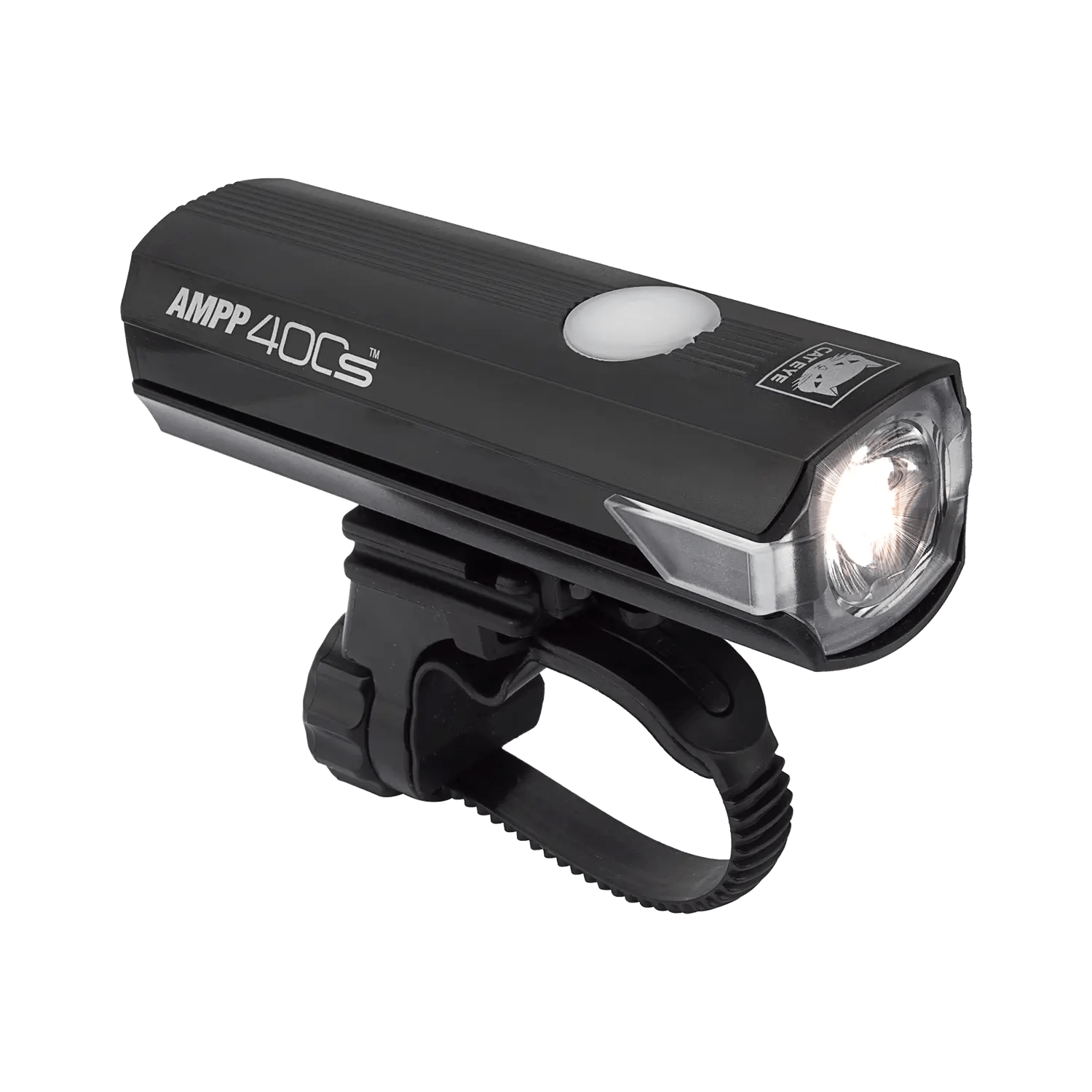 A CATEYE AMPP400S black bike light features a white power button, clear front lens, USB-C charging port, and adjustable handlebar strap. The light is shown turned on.