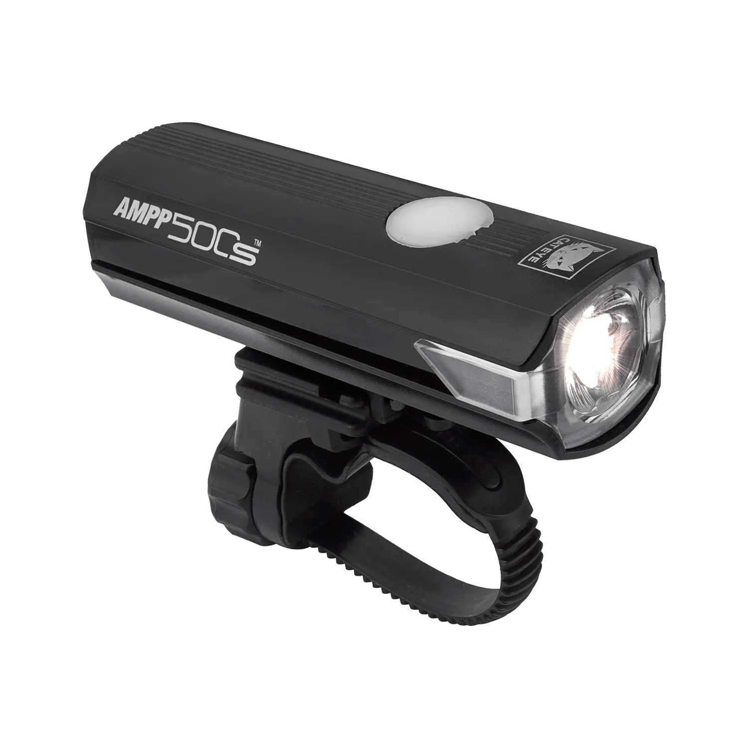 A CATEYE AMPP500S black bicycle front light features an OptiCube™ lens, a white circular button, and a flexible black strap, shining brightly with its LED.