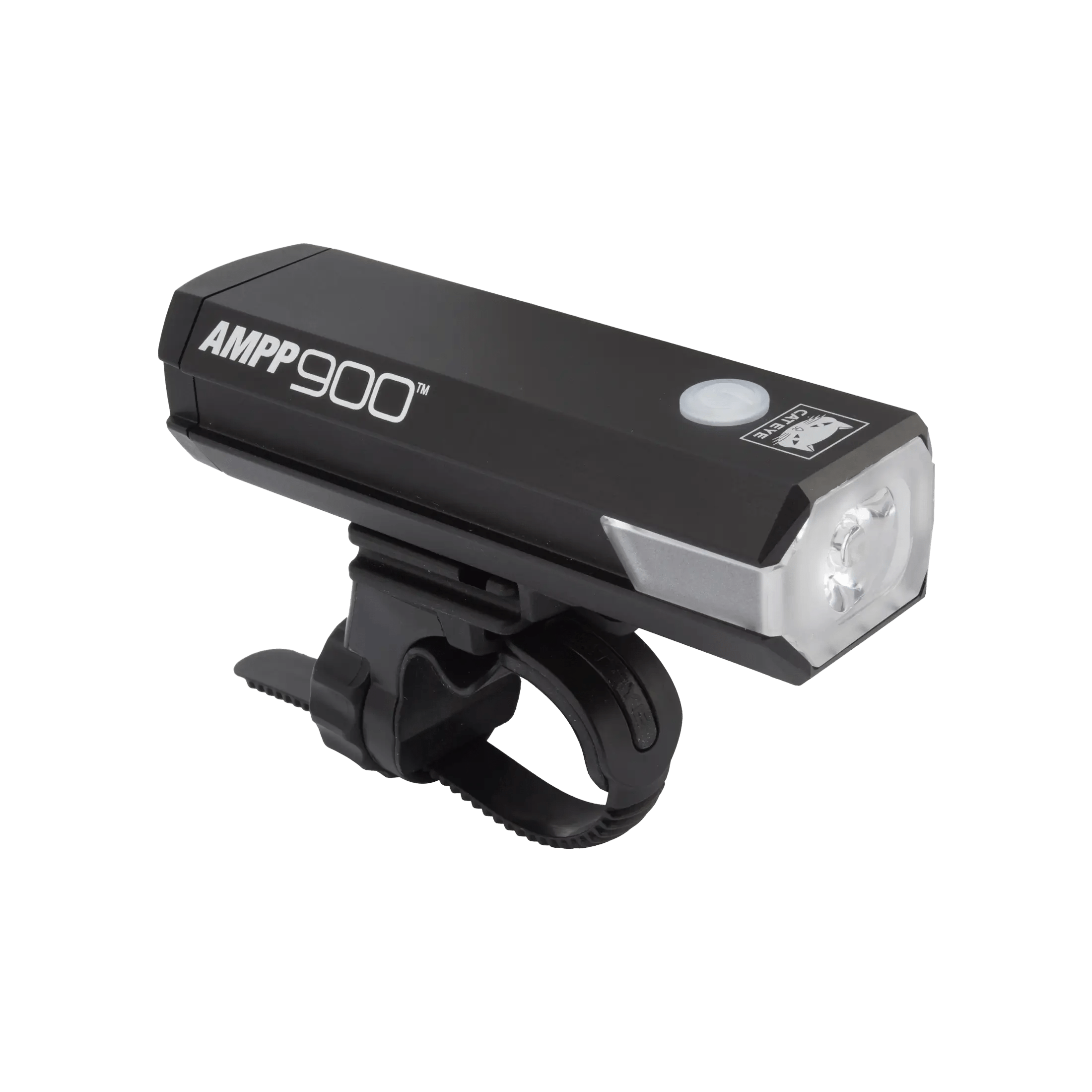 A CATEYE AMPP900 black bicycle headlight with OptiCube™ lens, white LED, mounting bracket, and top power button, shown isolated on a white background.