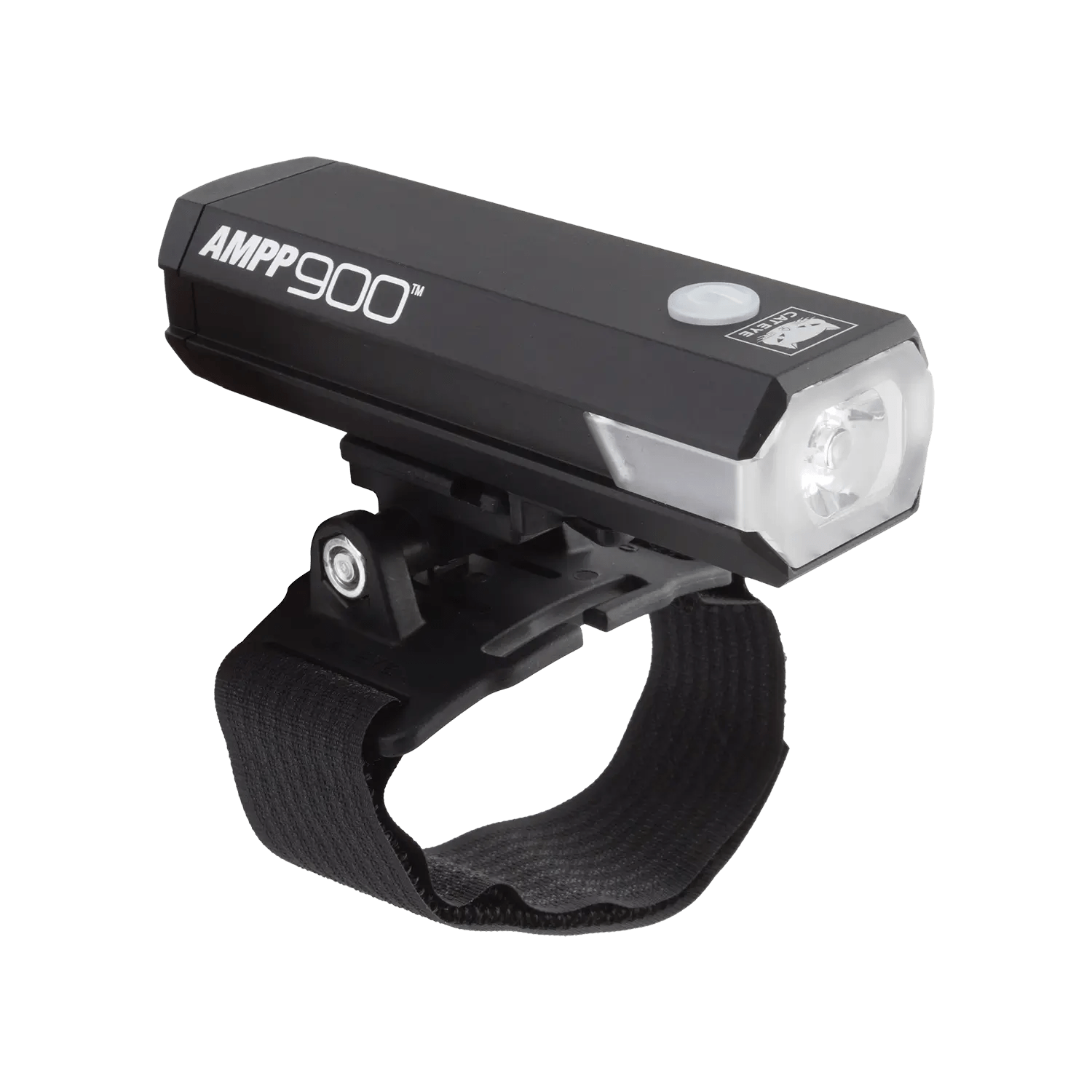 The CATEYE AMPP900 is a black bicycle headlight with a white OptiCube™ lens, mounted on an adjustable strap for handlebars, delivering a powerful 900 lumen beam for enhanced visibility.