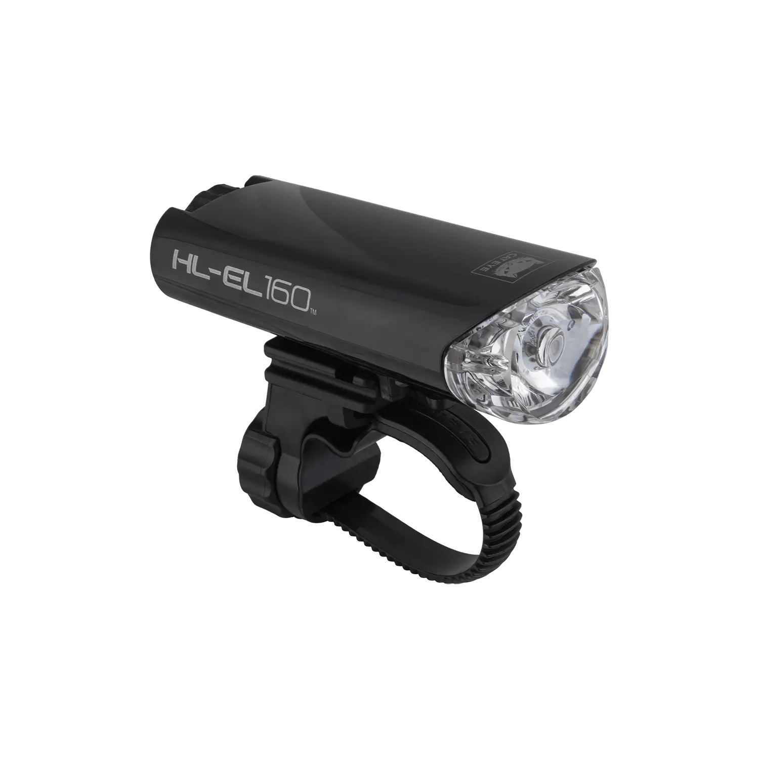 The CATEYE HL-EL160, a black bicycle headlight with a clear OptiCube™ lens, is mounted on an adjustable black handlebar bracket and provides reliable illumination. It is shown against a plain green background.