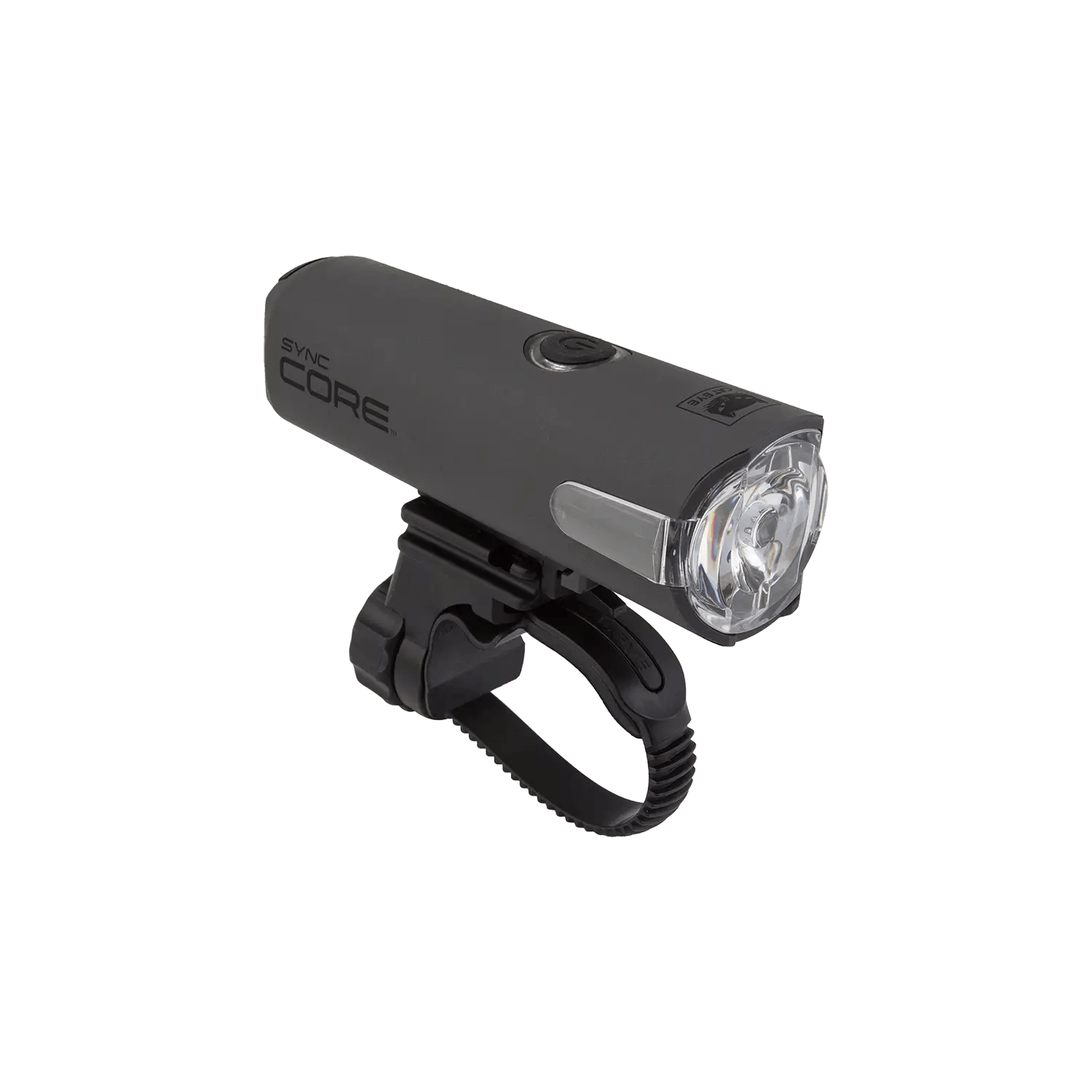 The CATEYE SYNC Core is a black bicycle headlight with a clear lens, handlebar mount, 360-degree visibility, top power button, and SYNC Core label on the side.