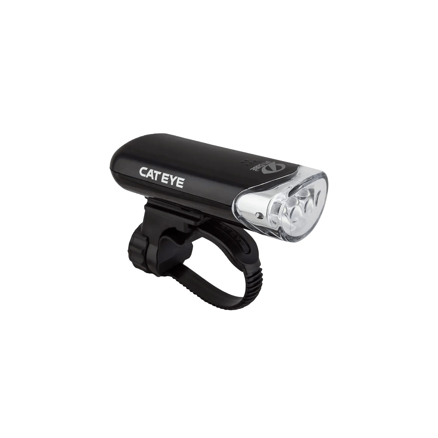 A CATEYE Hl-El135N black safety light featuring OptiCube™ lens technology, a clear lens, and a mounting strap is shown against a plain background.