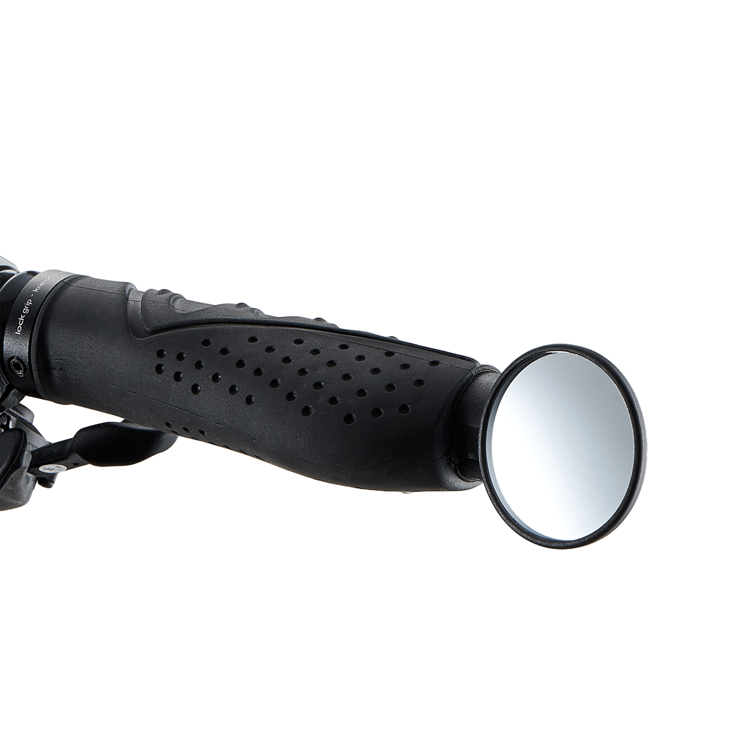 A close-up of the CATEYE BM-45 Bar End Mirror attached to a black bicycle handlebar grip, providing enhanced rear-view safety, set against a transparent background.