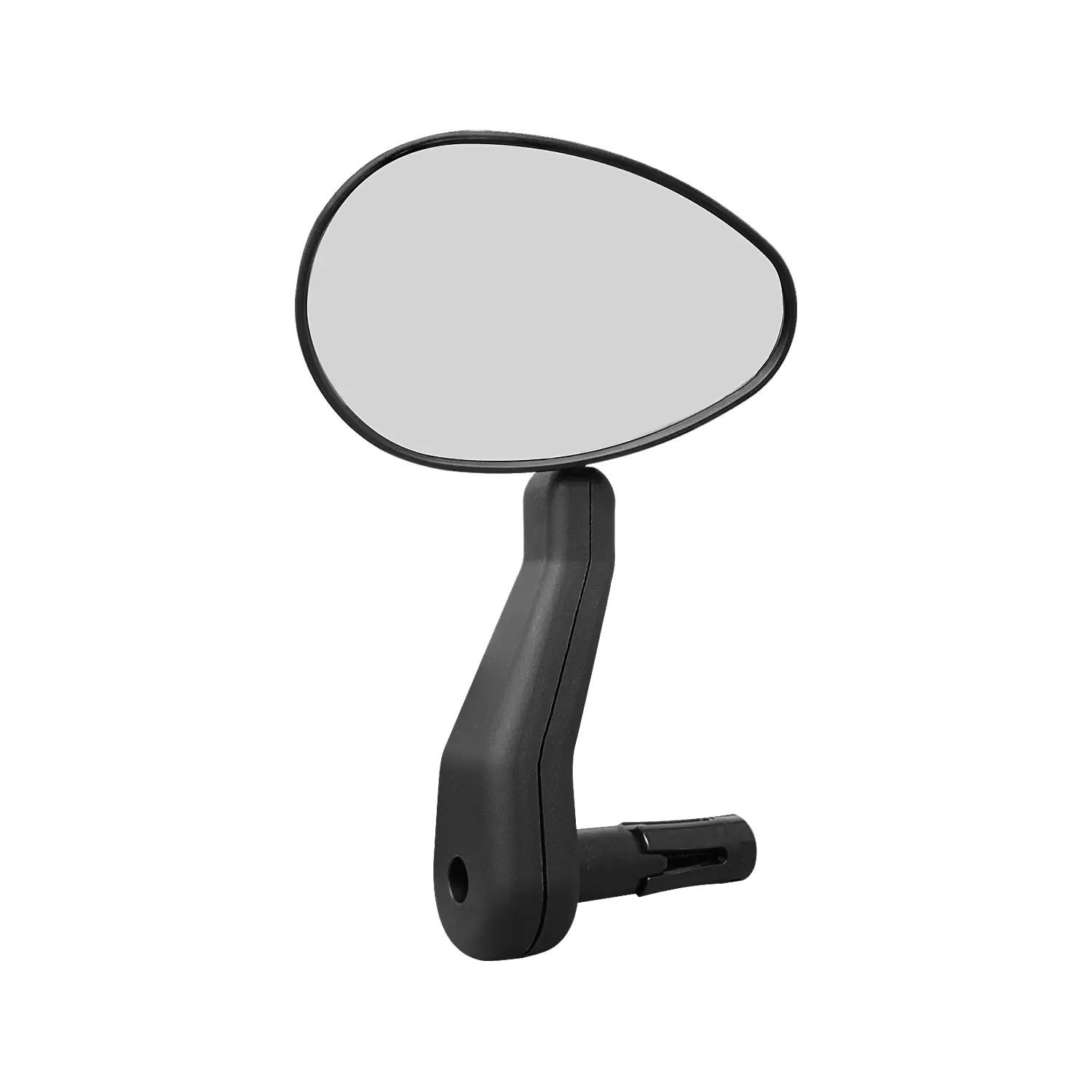 The CATEYE BM-500G Wide-Angle Handlebar Mirror is a black, oval mirror with a sleek angled arm, designed for vehicles or motorcycles. It features scratch-resistant glass to enhance rear visibility.