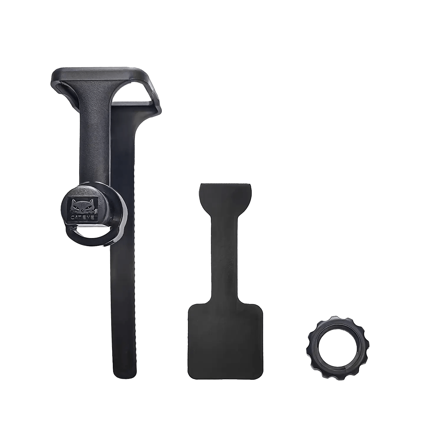 Three black plastic automotive tools from the CATEYE Flextight™ Computer Mount kit are shown on a plain background: a trim removal tool with a round handle, a flat prying blade, and a ridged circular piece—all laid out separately.
