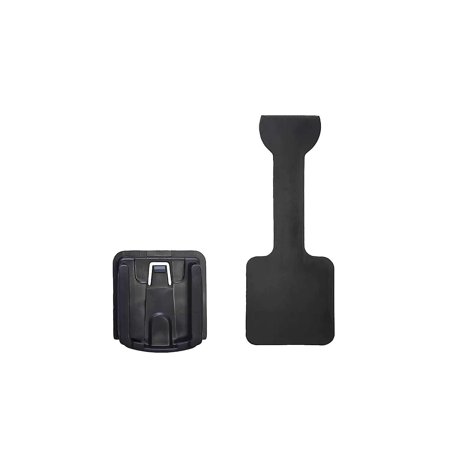 Two black plastic parts for the CATEYE Flextight™ Computer Mount: one rectangular piece with a top tab and one flat, paddle-shaped component—mounting accessories for CatEye wireless cycling computers shown on a plain background.