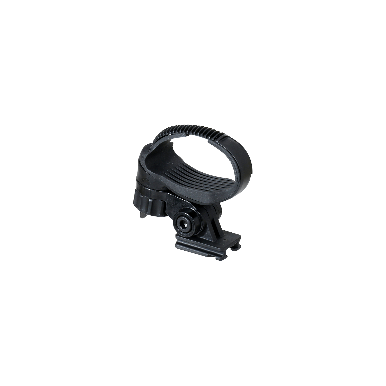 The CATEYE H-34N Flextight™ Bracket for Headlights is a black plastic bracket with a ridged circular clamp and screw, designed to mount CatEye headlights or accessories to handlebars. Background is transparent.