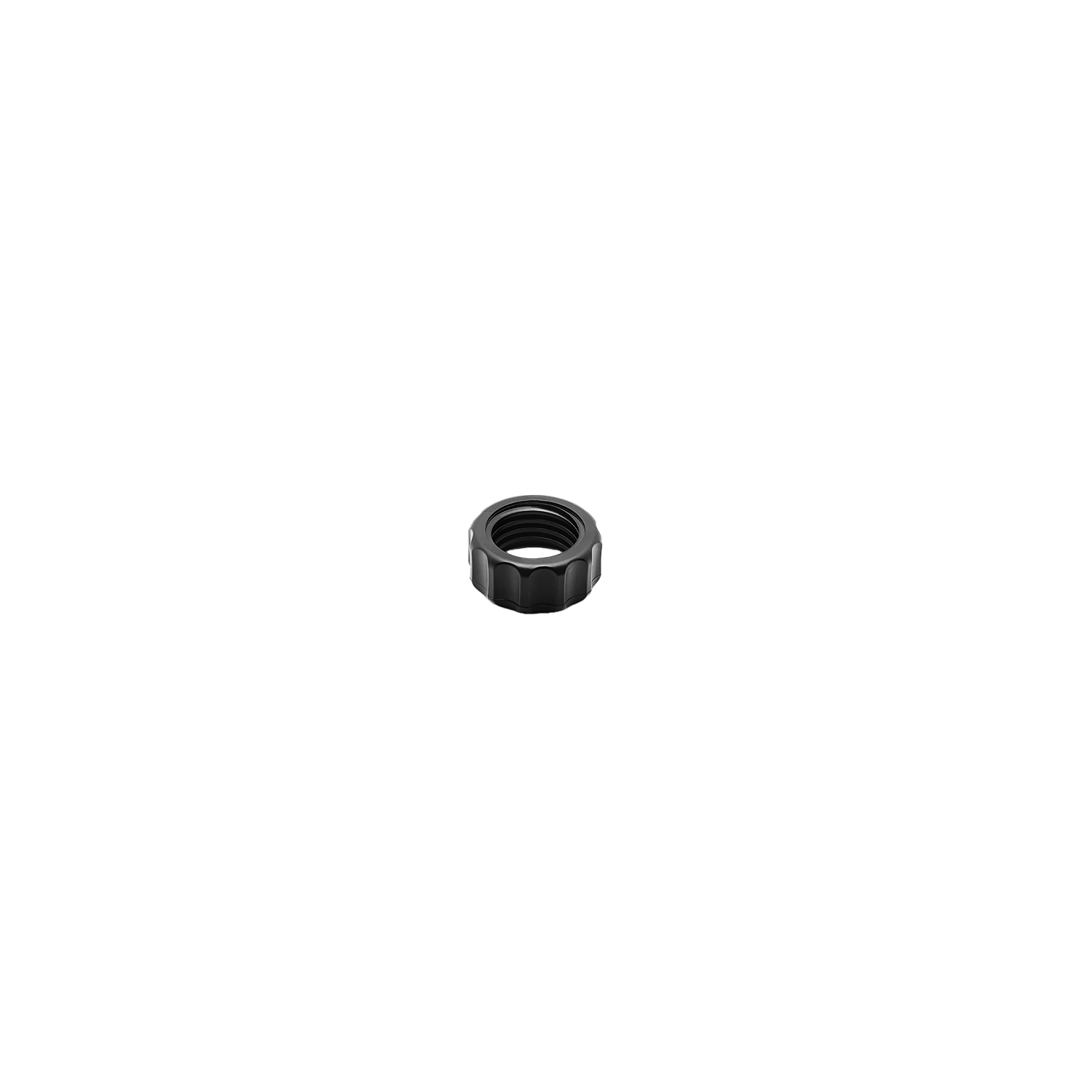 A single black metal hex nut for the CATEYE H-34N Flextight™ Bracket For Headlights, viewed from above and isolated on a transparent background—perfect for securing your headlight to handlebars.