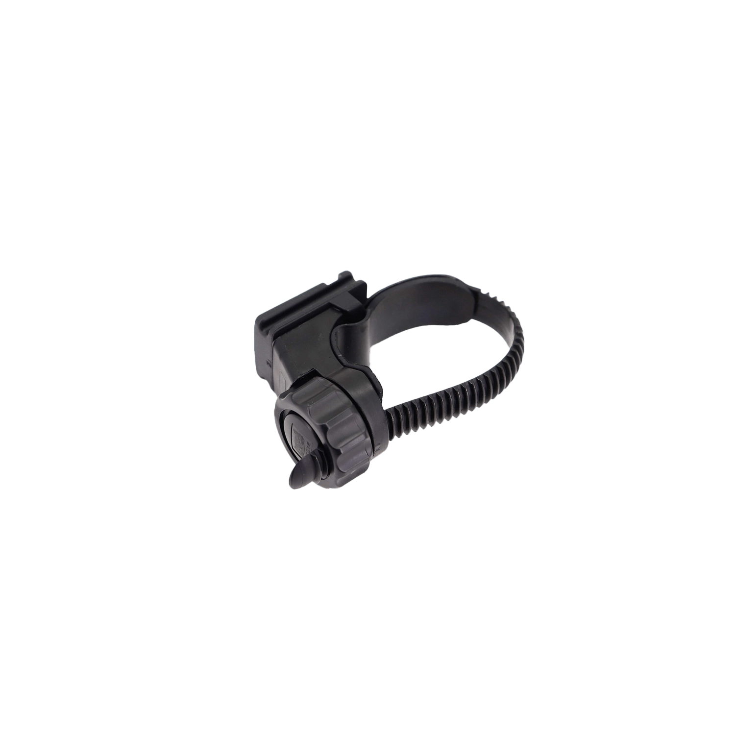 The CATEYE H-34N Flextight™ Bracket for Headlights is a black plastic rotary switch with a coiled wire and adjustable strap, ideal as a handlebar-mounted control for electronics, and is compatible with the FlexTight Bracket. Transparent background.