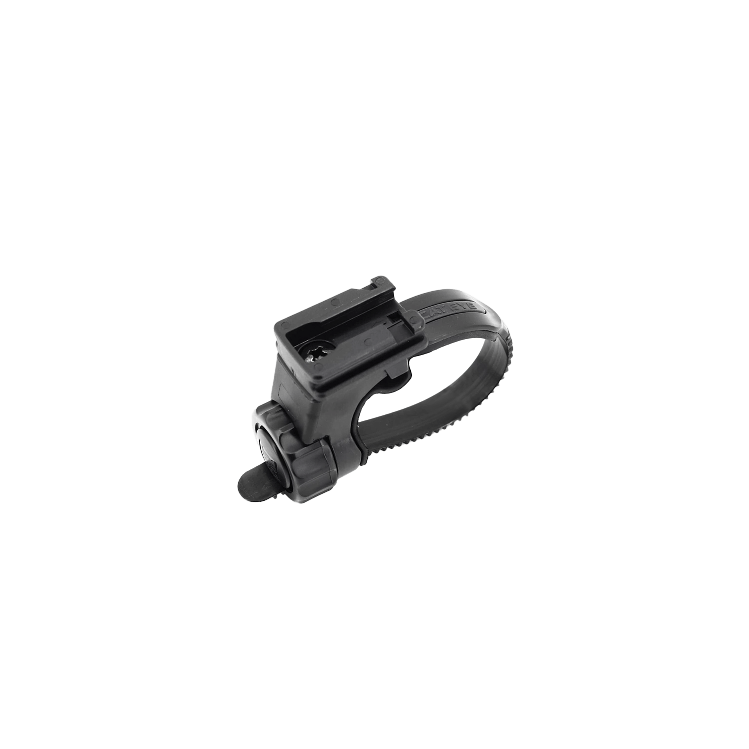 The CATEYE H-34N Flextight™ Bracket for Headlights in black features an adjustable strap for secure handlebar attachment, shown isolated on a transparent background.
