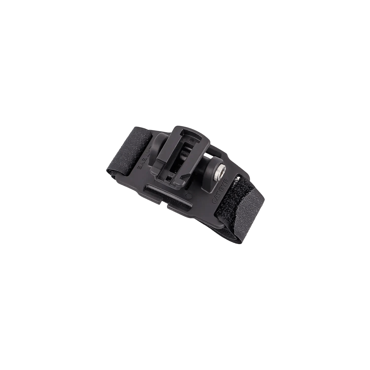 The CATEYE Helmet Mount is a black adjustable strap mount with a plastic buckle and attachment point, designed to secure devices like cameras or headlights to bicycle helmets, optimizing beam angle. Shown on a plain white background.