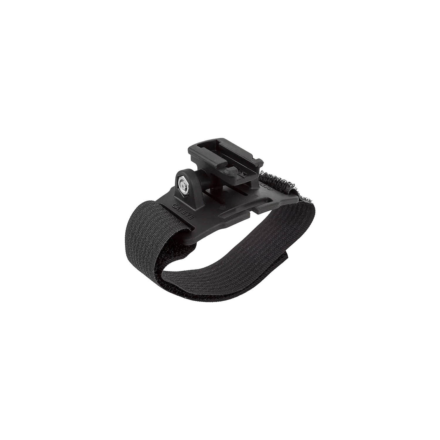 The CATEYE Helmet Mount is a black plastic and Velcro strap with an adjustable buckle, designed to securely attach the Helmet Mount to bike handlebars, helmets, or other objects.