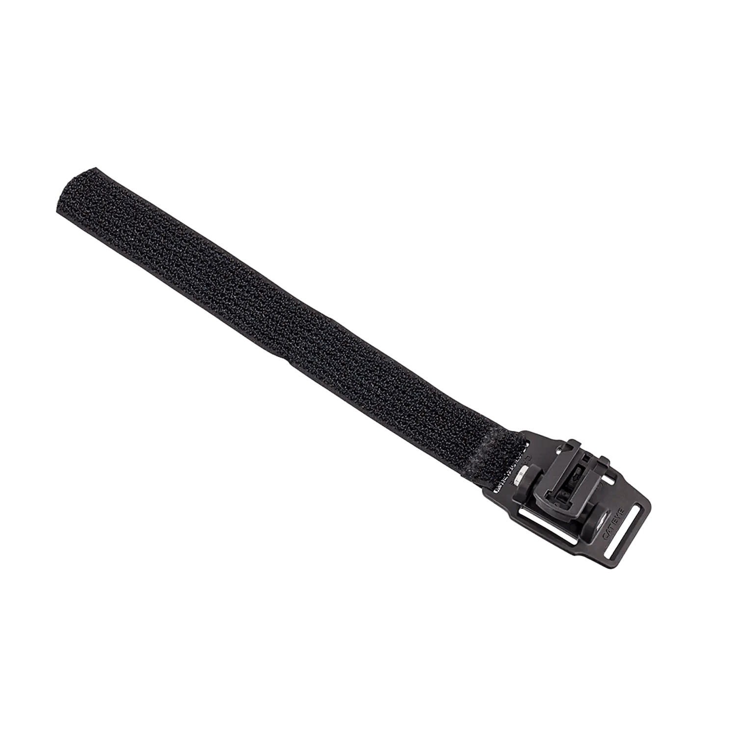A black hook-and-loop strap with a metal buckle, perfect for mounting the CATEYE Helmet Mount to bicycle helmets and adjusting your headlight angle. Product: CATEYE Helmet Mount. Shown on a transparent background.