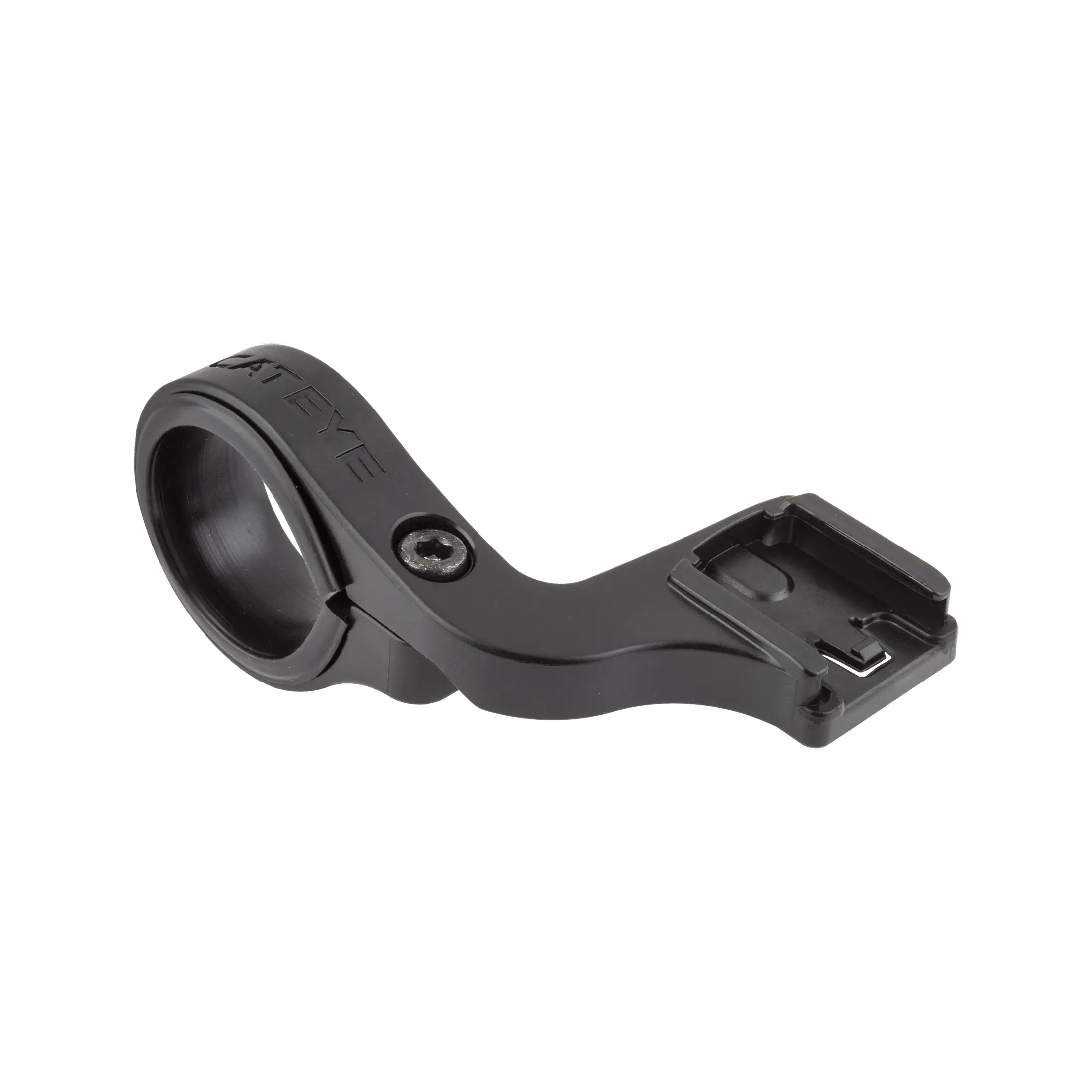 The CATEYE OF-100 Out Front Bracket is a black plastic bike computer mount with a circular clamp and rectangular platform, designed for secure attachment of CATEYE cycling computers.
