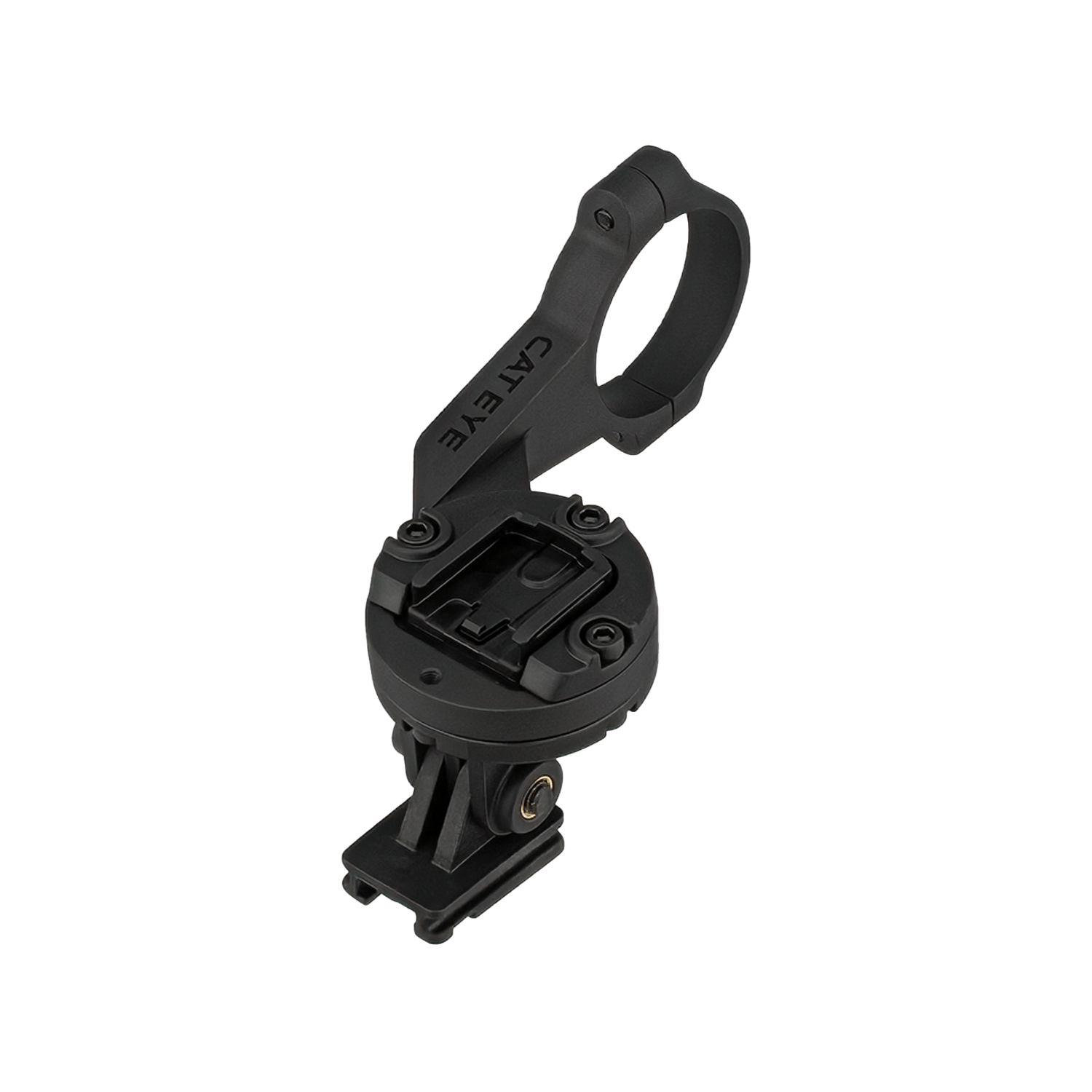 The CATEYE OF-200 Out Front Bracket is a black bike computer mount with a circular clamp and extended arm, offering a secure locking mechanism and compatibility with GP adapter brackets for easy handlebar attachment.