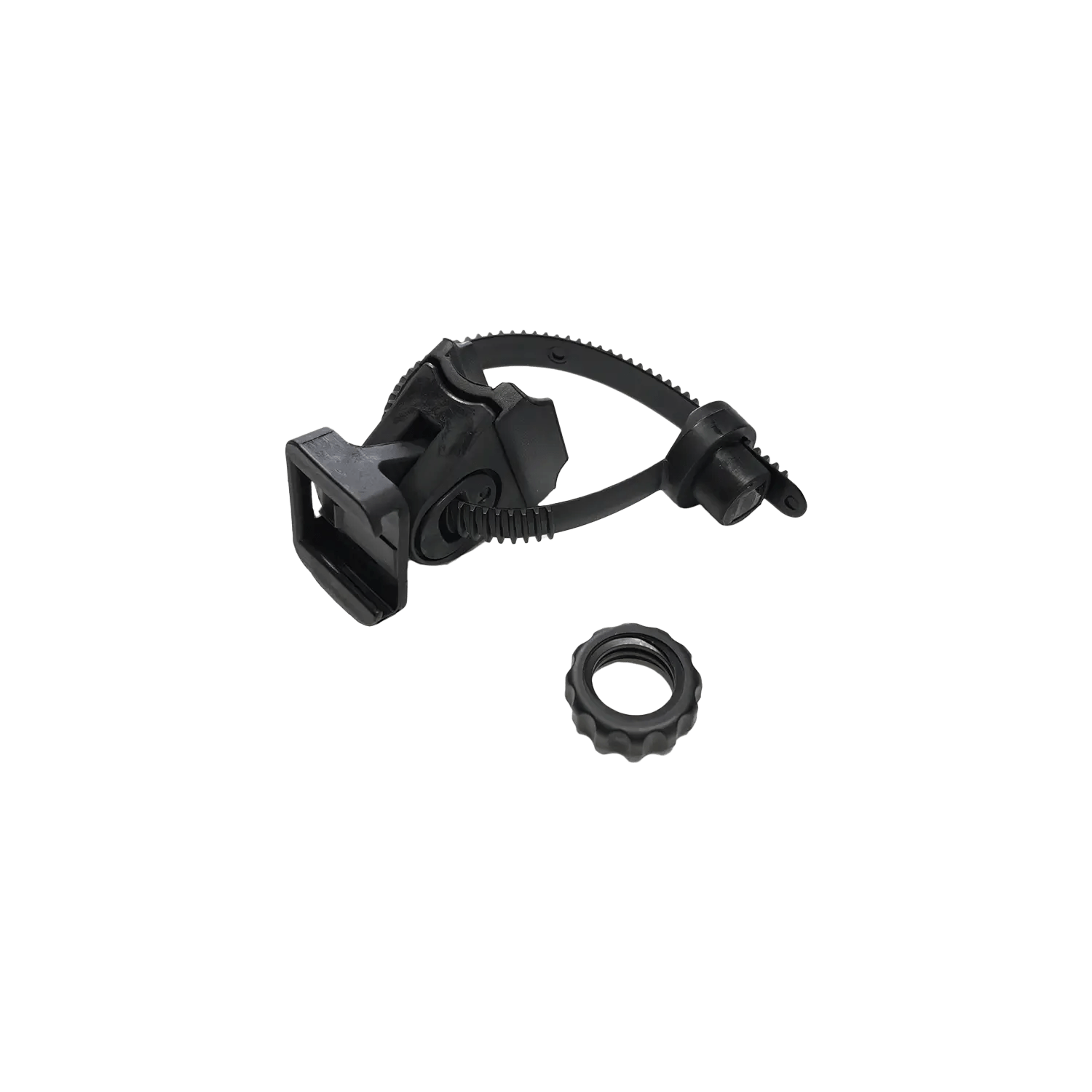 The CATEYE SP-11 Flextight™ Bracket is a black plastic adjustable mounting bracket with a ratcheting strap and separate round threaded ring for tool-free installation, shown isolated on a white background.