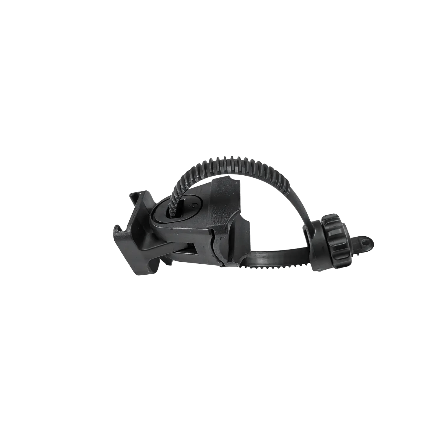 The CATEYE SP-11 Flextight™ Bracket features a black plastic clamp with a ratcheted adjustable strap and textured tightening knob for tool-less installation, shown on a transparent background.