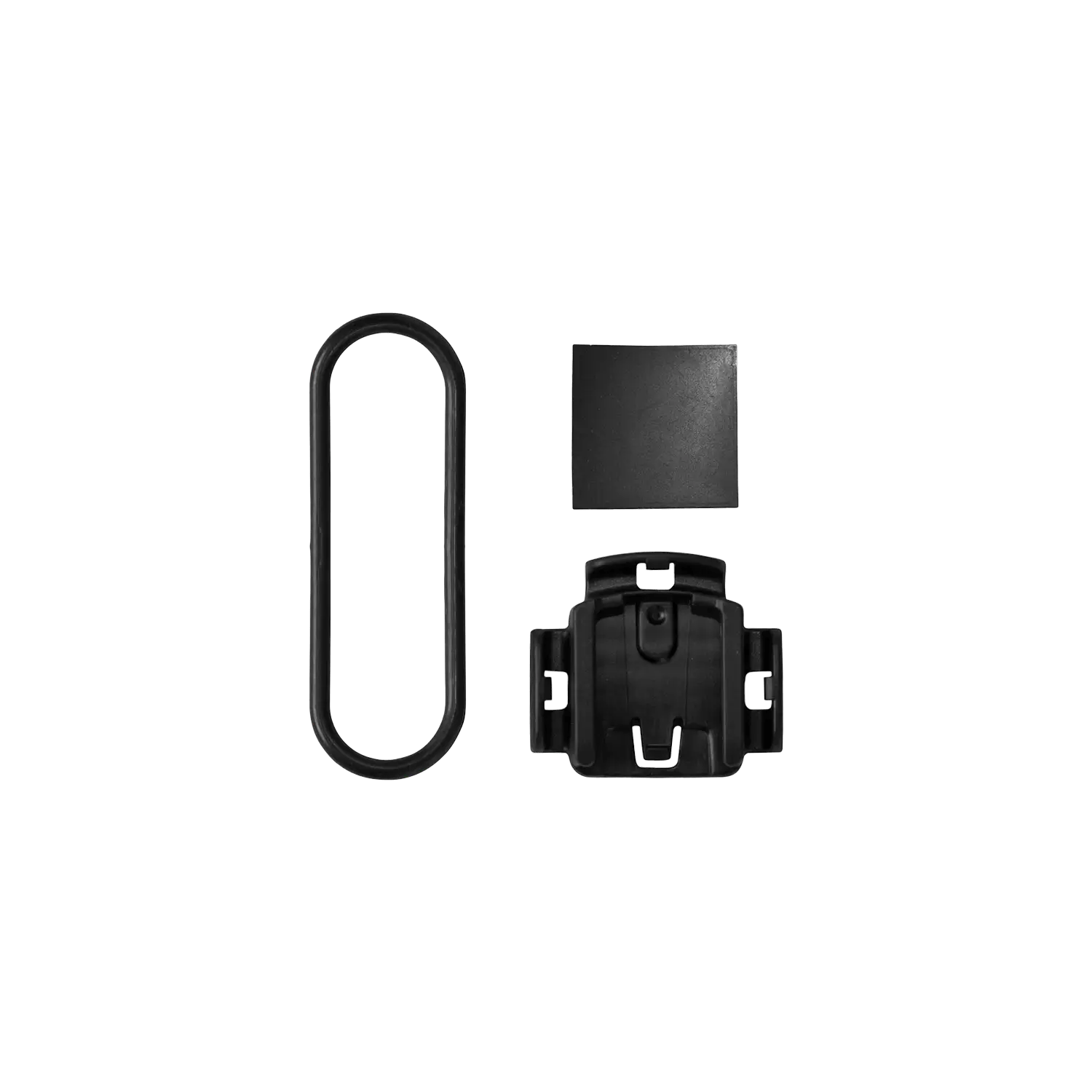 Three black objects on a plain background: a rectangular rubber loop, square adhesive pad, and small mount with clips and slots—components of the CATEYE Strada Slim Sensor & Parts set.