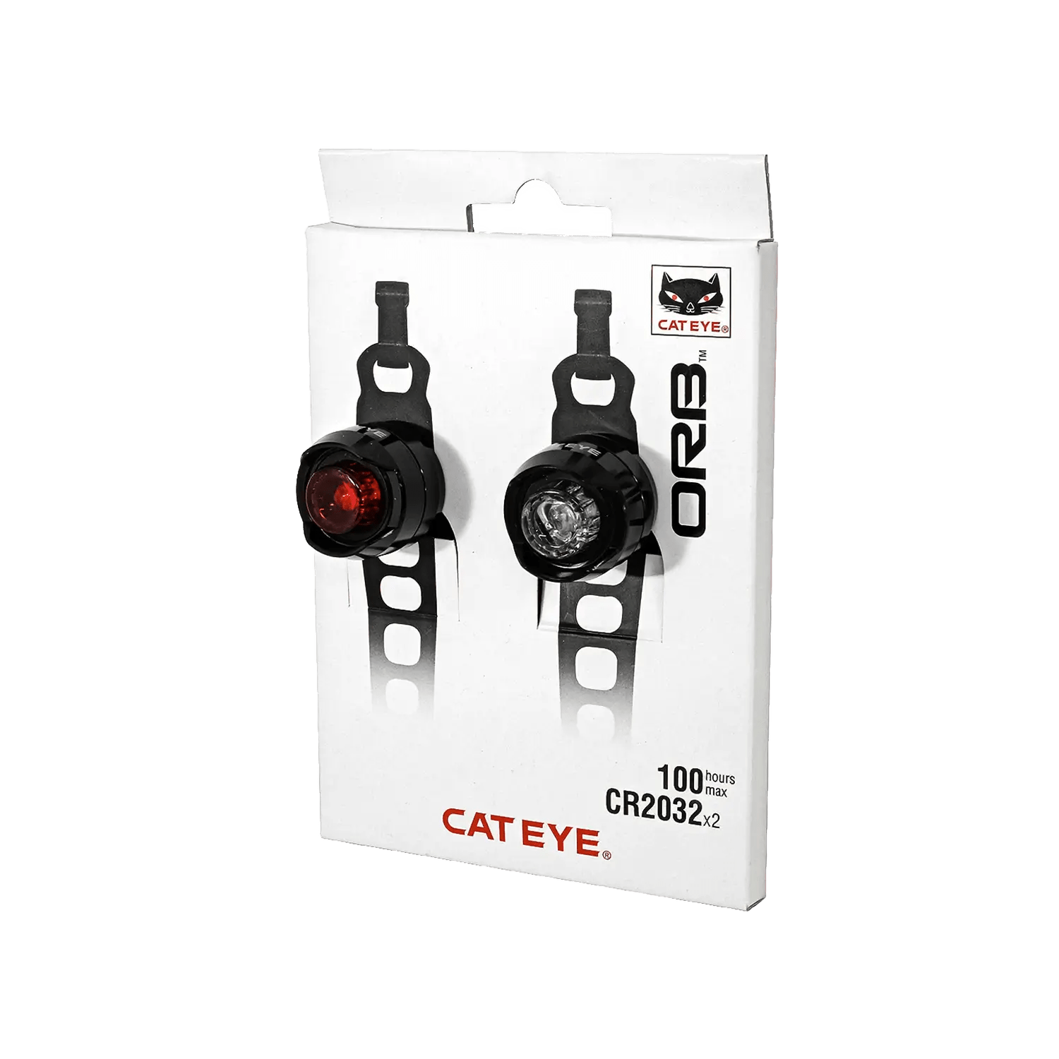 The CATEYE ORB Combo Kit includes one red and one white round safety light with black rubber mounts, shown on a white background—ideal for improving visibility.